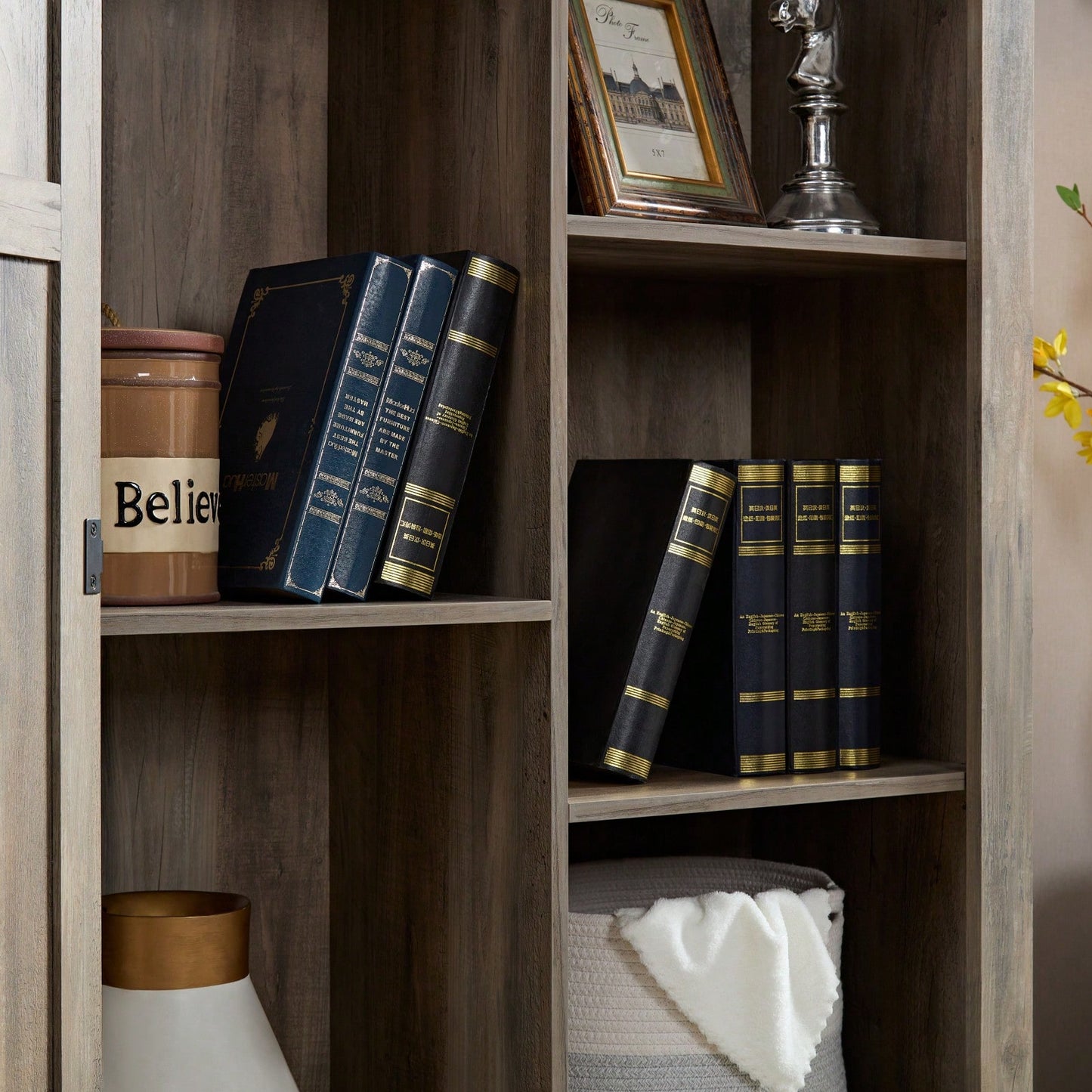 Rustic Barn Door Tall Storage Cabinet with Shelves and Drawers Gray Wash Multi-Purpose Kitchen Organizer 39.37x15.75x74.4