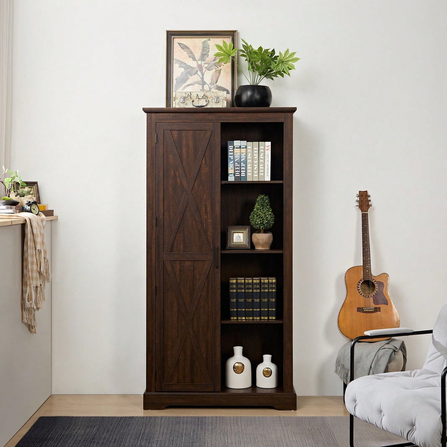 Rustic Barn Door Tall Storage Cabinet with Shelves and Drawers Gray Wash Multi-Purpose Kitchen Organizer 39.37x15.75x74.4
