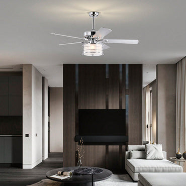 52 Inch Chrome Drum Shade LED Ceiling Fan with Remote 3 Speed Quiet Motor Reversible Blades for Home Kitchen Living Room