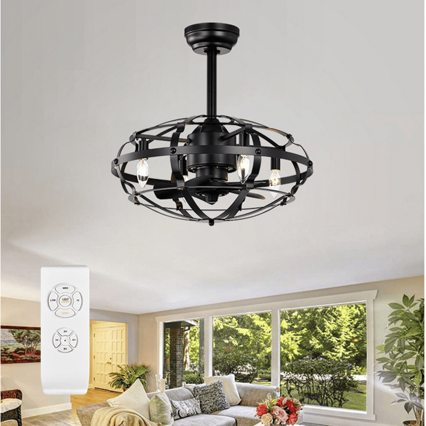 Bladeless Industrial Ceiling Fan Light Kit with Remote Control Reversible Motor for Low Profile Ceilings All Seasons Use