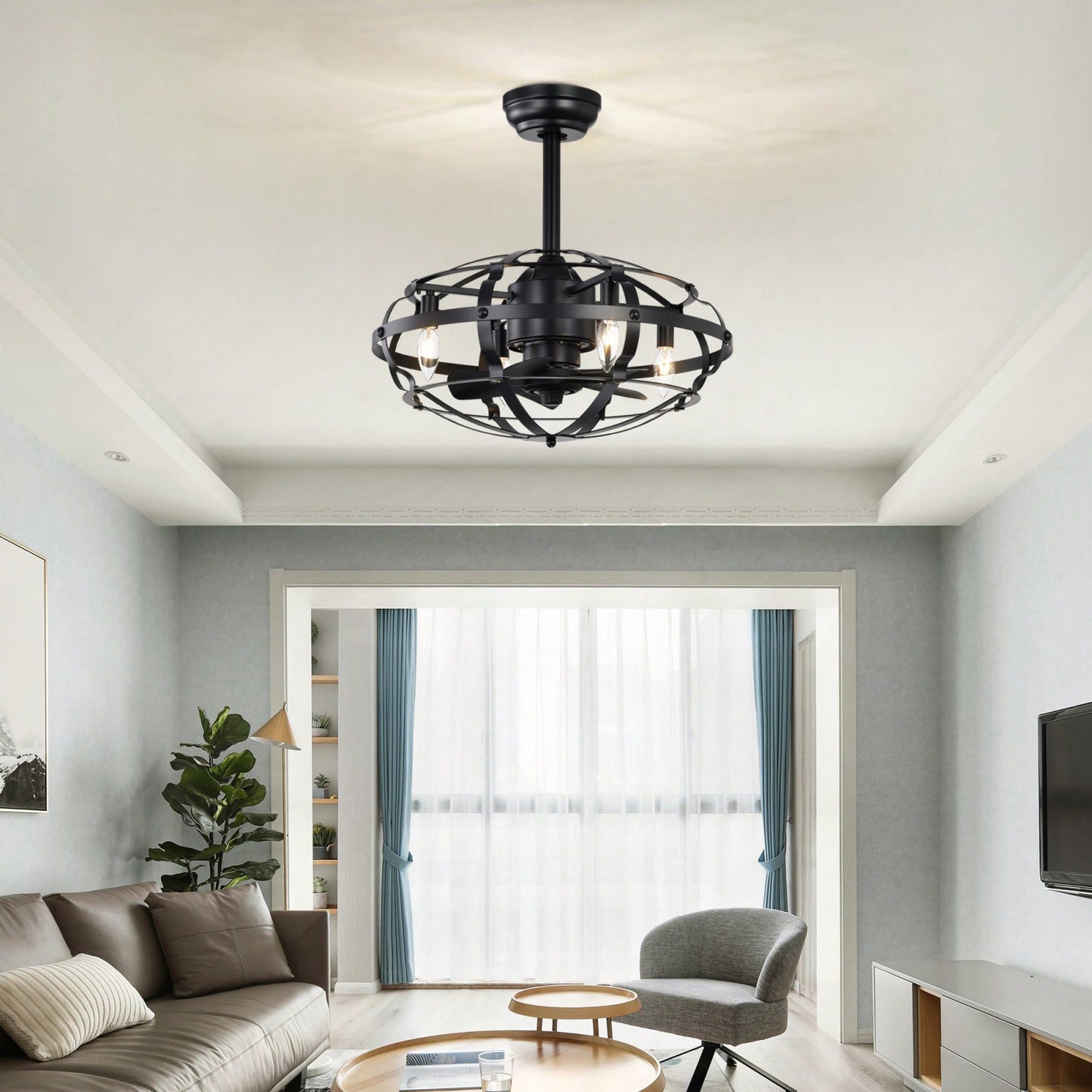 Bladeless Industrial Ceiling Fan Light Kit with Remote Control Reversible Motor for Low Profile Ceilings All Seasons Use