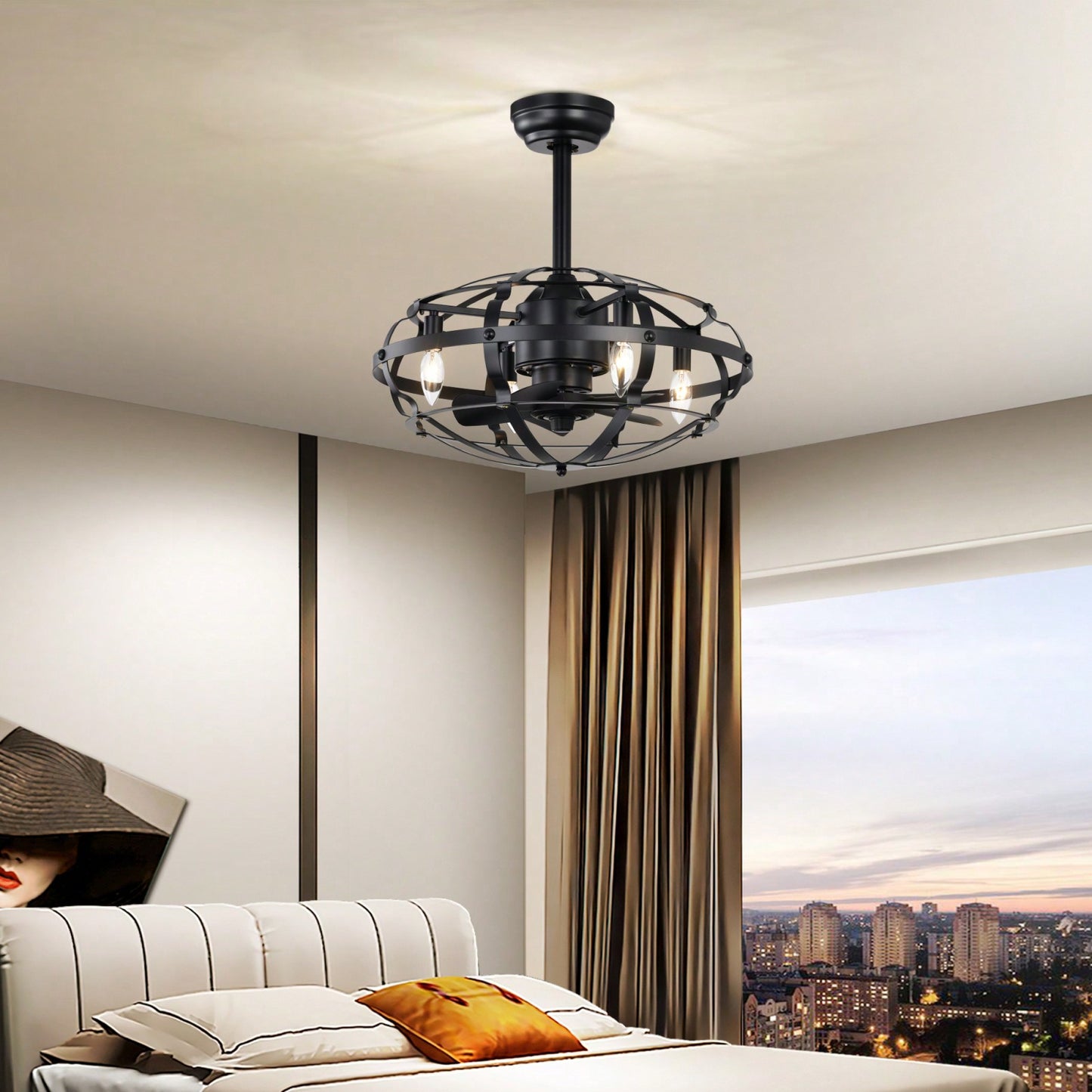 Bladeless Industrial Ceiling Fan Light Kit with Remote Control Reversible Motor for Low Profile Ceilings All Seasons Use