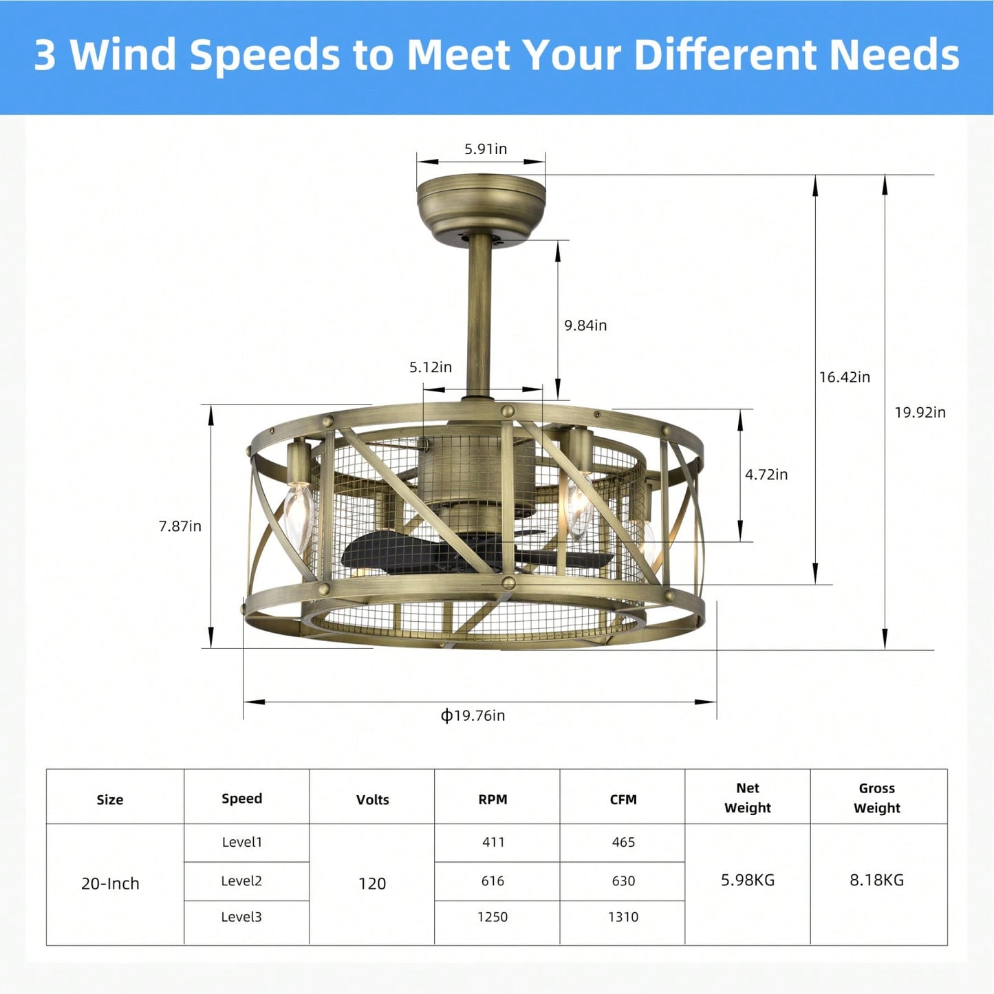 20 Inch Antique Brown Ceiling Fan with Remote Control 5 ABS Blades Reversible Motor Ideal for Small to Medium Spaces