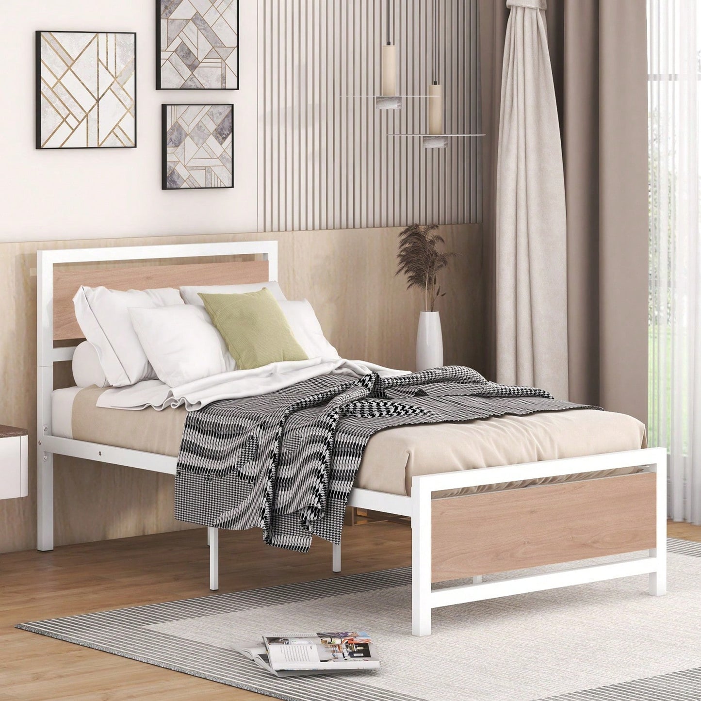 Twin Metal and Wood Platform Bed Frame with Headboard and Footboard - Rustic Industrial Style with Storage, 76.7L x 40.6W x 39.5H