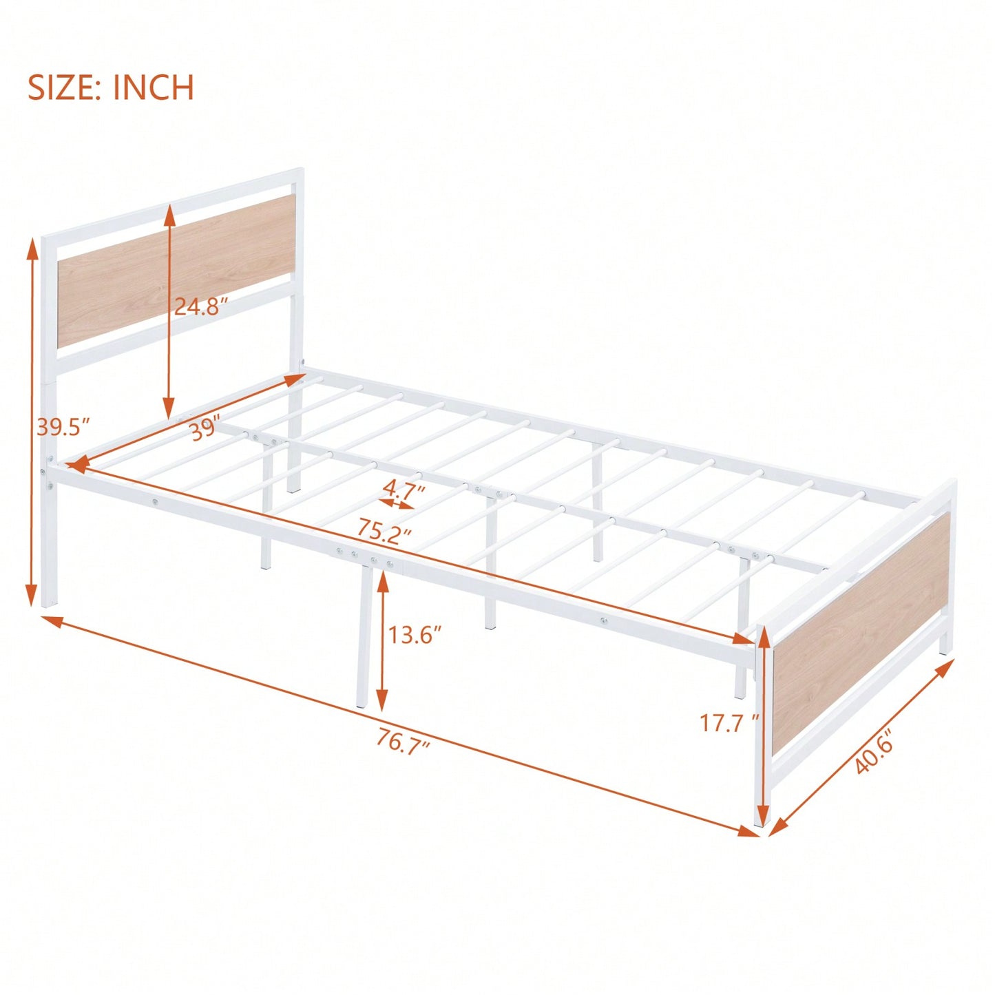 Twin Metal and Wood Platform Bed Frame with Headboard and Footboard - Rustic Industrial Style with Storage, 76.7L x 40.6W x 39.5H