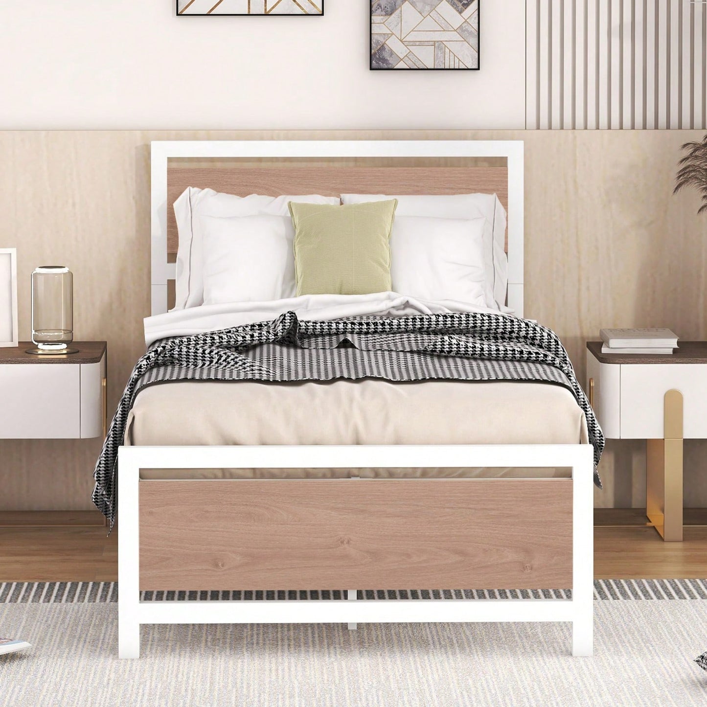 Twin Metal and Wood Platform Bed Frame with Headboard and Footboard - Rustic Industrial Style with Storage, 76.7L x 40.6W x 39.5H