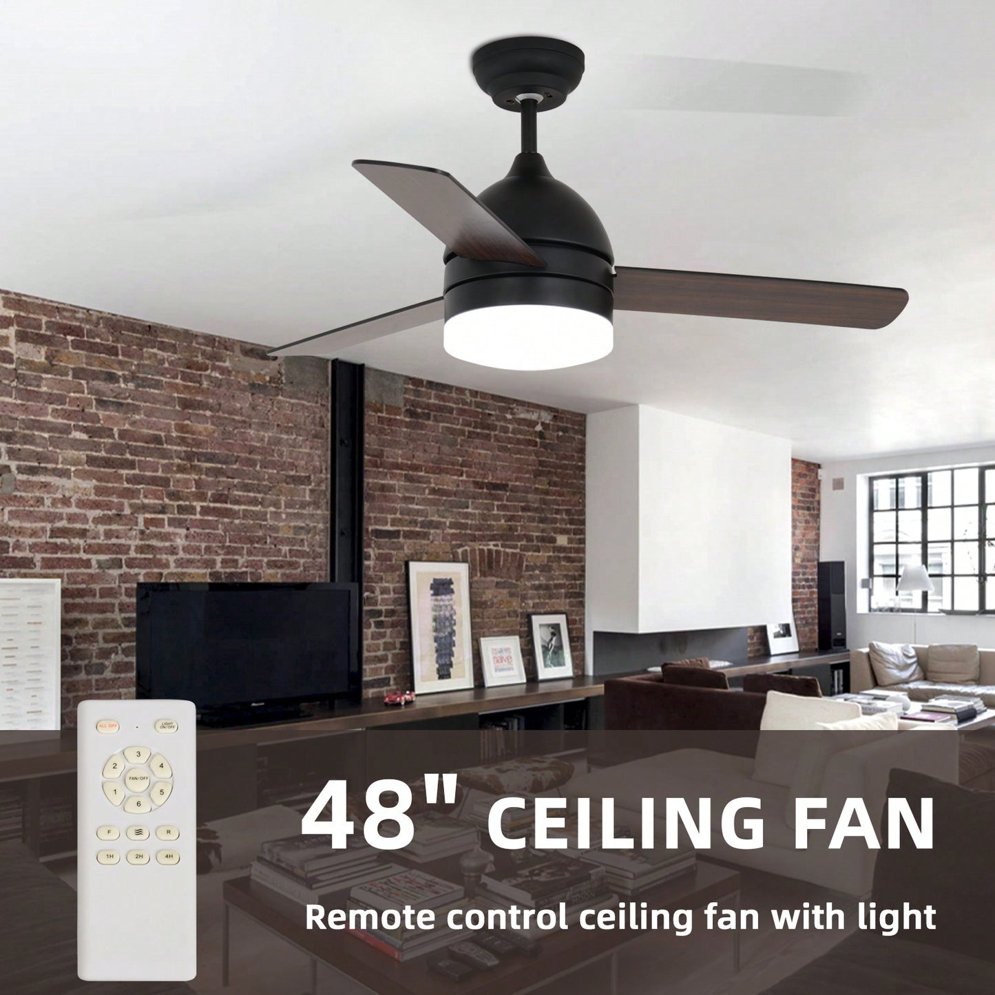 48 Inch Modern LED Ceiling Fan with Remote Control Wood Blades 6 Speeds Reverse Function 3 Color Light Ideal for Living Room Bedroom Kitchen