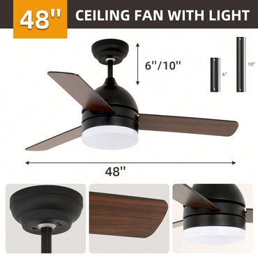 48 Inch Modern LED Ceiling Fan with Remote Control Wood Blades 6 Speeds Reverse Function 3 Color Light Ideal for Living Room Bedroom Kitchen