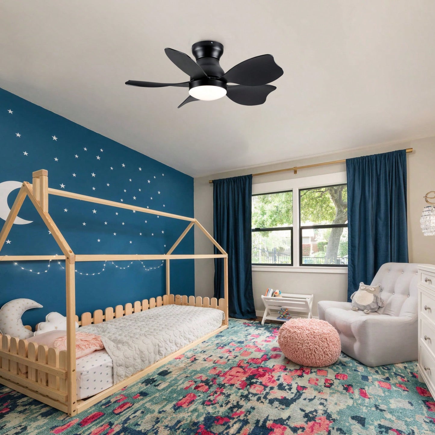 Small Kid's Ceiling Fan with Remote and Dimmable LED Light - Flush Mount Design for Children's Rooms - Reversible Motor for Air Circulation