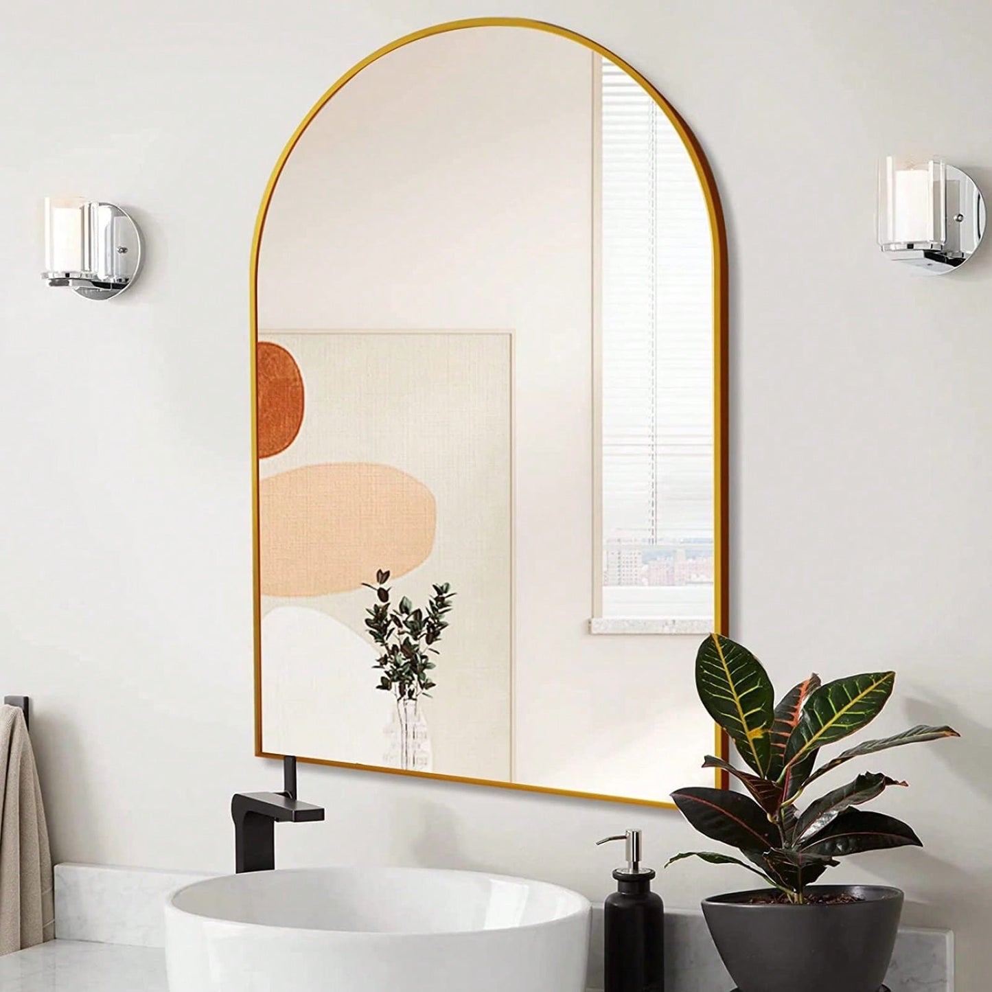 20x30 Inch Large Round Metal Arch Bathroom Mirror with Brushed Aluminum Frame Shatterproof Glass Easy Install Guide