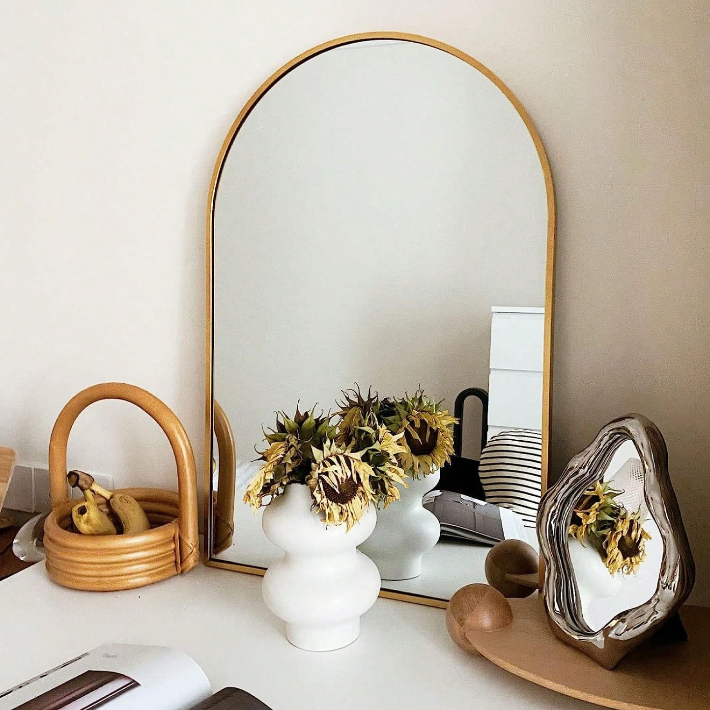 20x30 Inch Large Round Metal Arch Bathroom Mirror with Brushed Aluminum Frame Shatterproof Glass Easy Install Guide