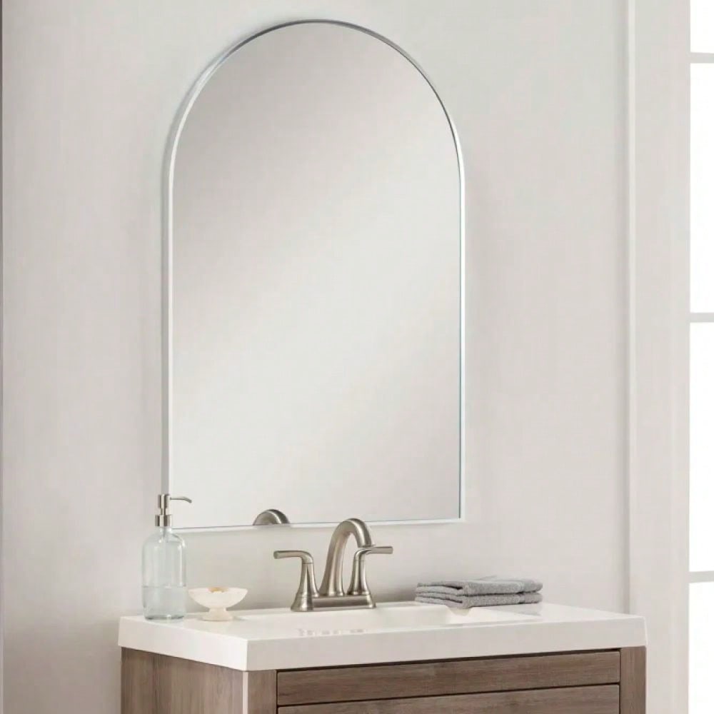 20x30 Inch Large Round Metal Arch Bathroom Mirror with Brushed Aluminum Frame Shatterproof Glass Easy Install Guide