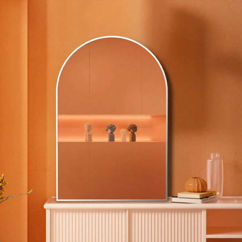 20x30 Inch Large Round Metal Arch Bathroom Mirror with Brushed Aluminum Frame Shatterproof Glass Easy Install Guide