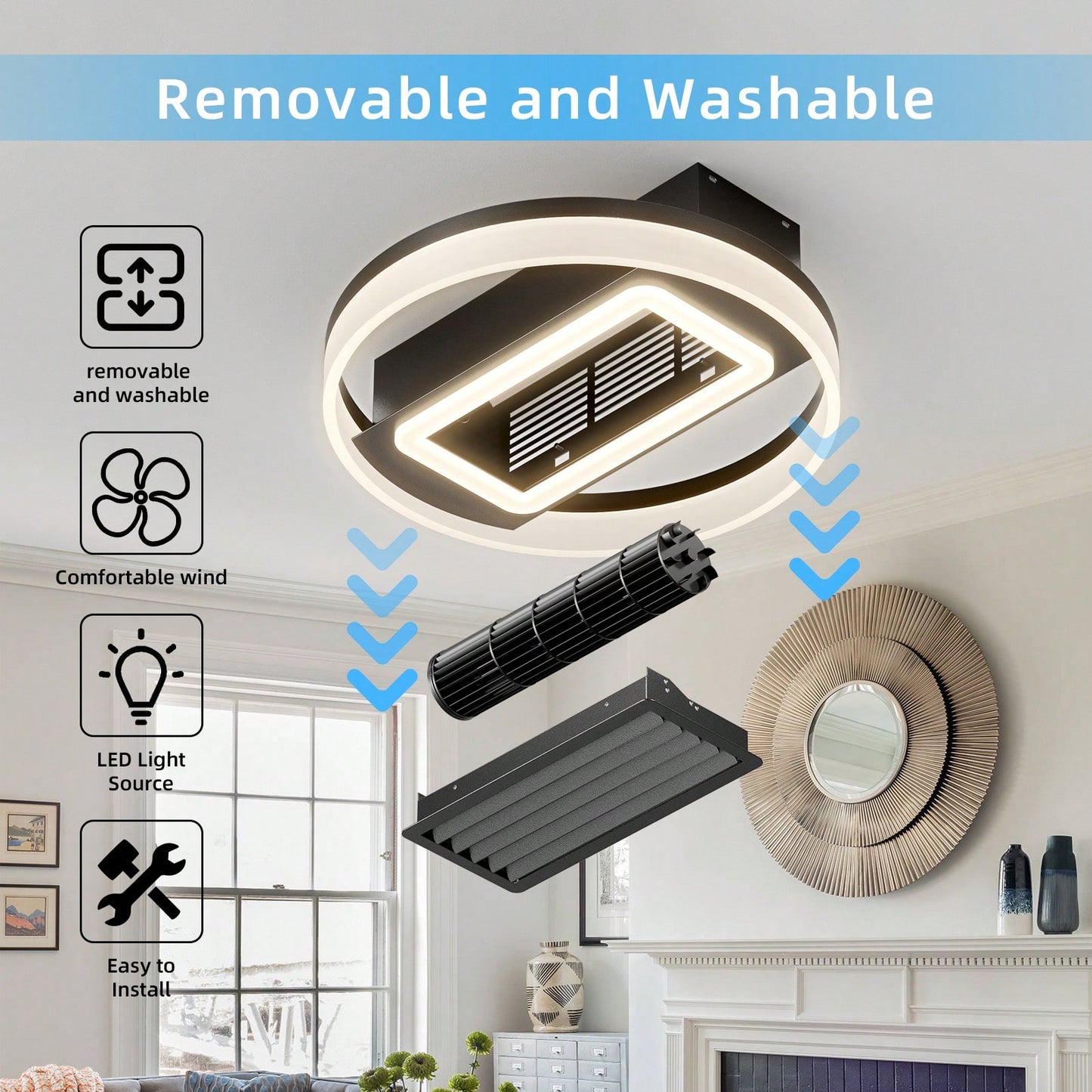 20-Inch Modern Leafless Ceiling Fan With Remote Control, Washable And Reversible Motor - Sleek Design For Any Room, Easy To Use And Maintain