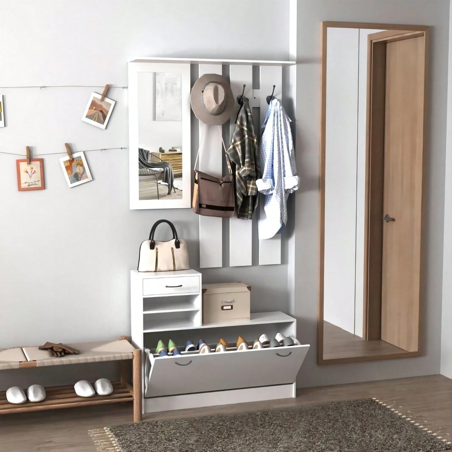 Combination Cabinet With Shoe Cabinet, Hang Shelf, And Mirror - Strong Structure And Large Storage Space