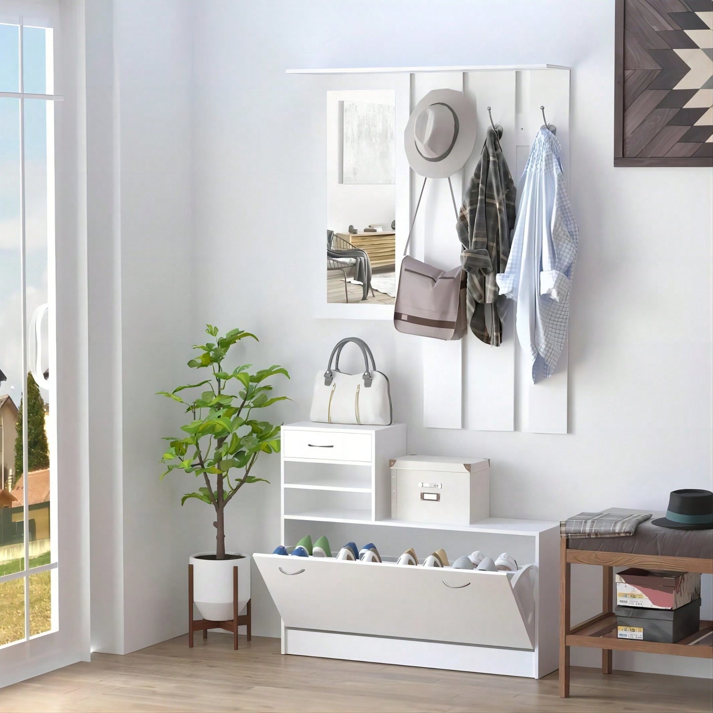 Combination Cabinet With Shoe Cabinet, Hang Shelf, And Mirror - Strong Structure And Large Storage Space