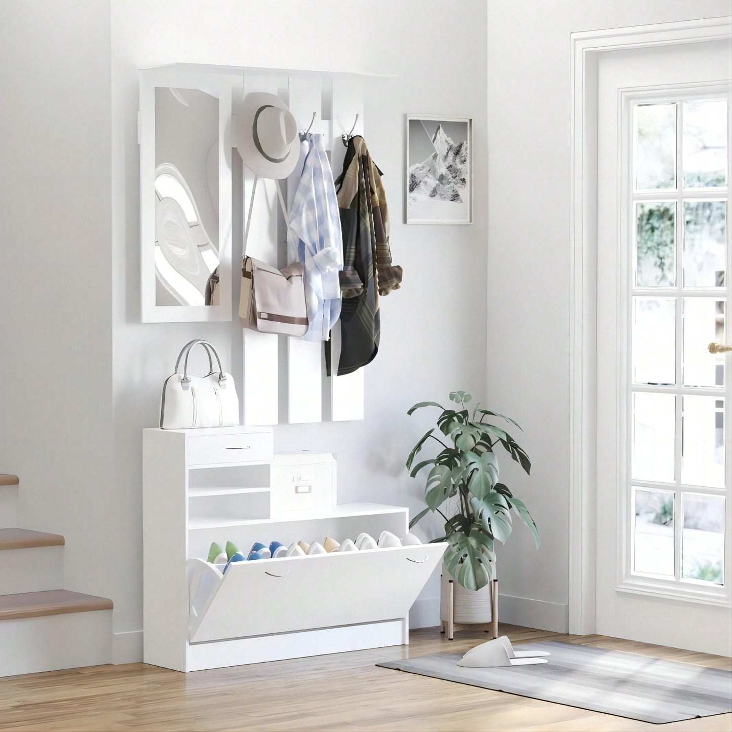 Combination Cabinet With Shoe Cabinet, Hang Shelf, And Mirror - Strong Structure And Large Storage Space