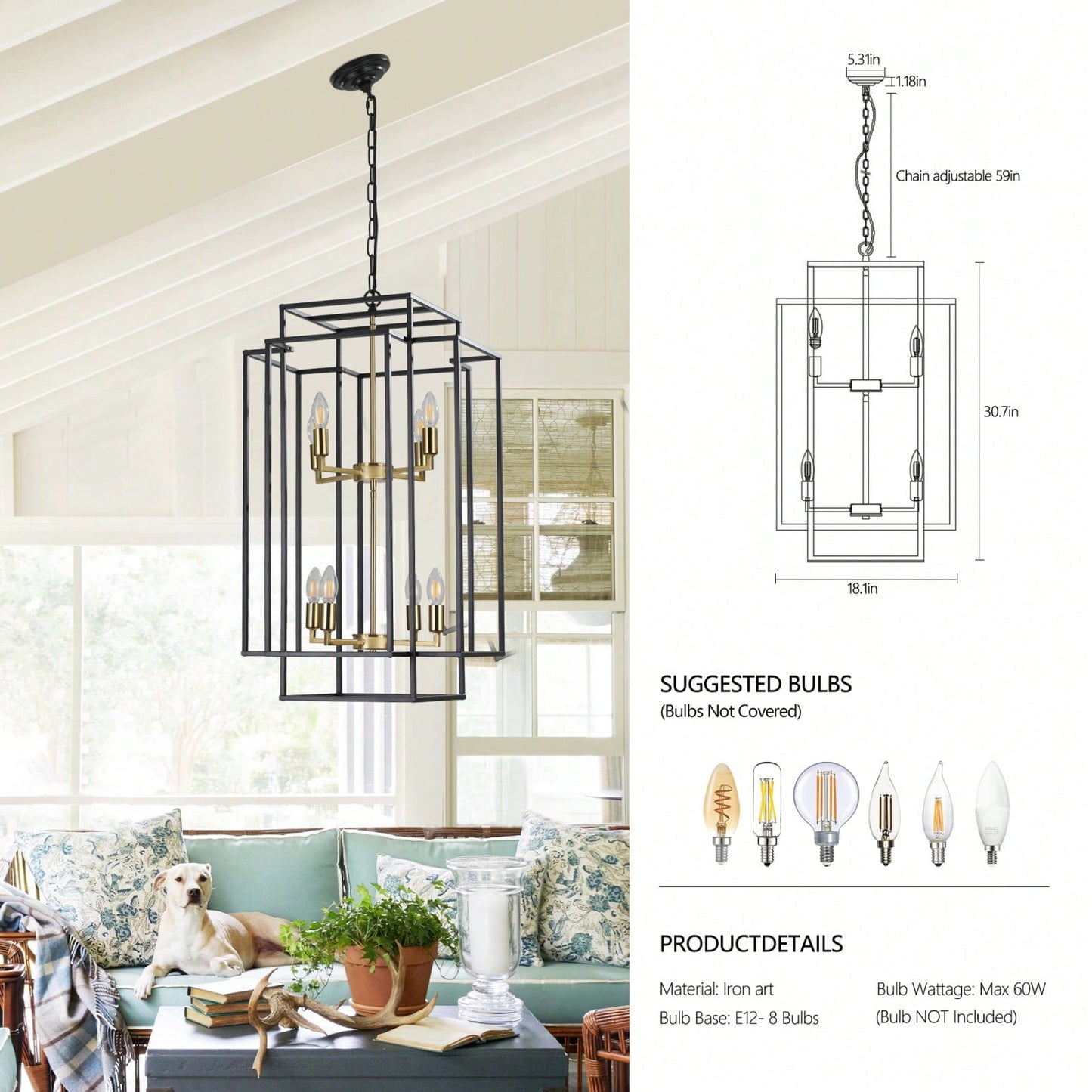 Industrial Farmhouse Pendant Chandelier for Entryway Living Room Kitchen Adjustable Height Durable Metal Frame