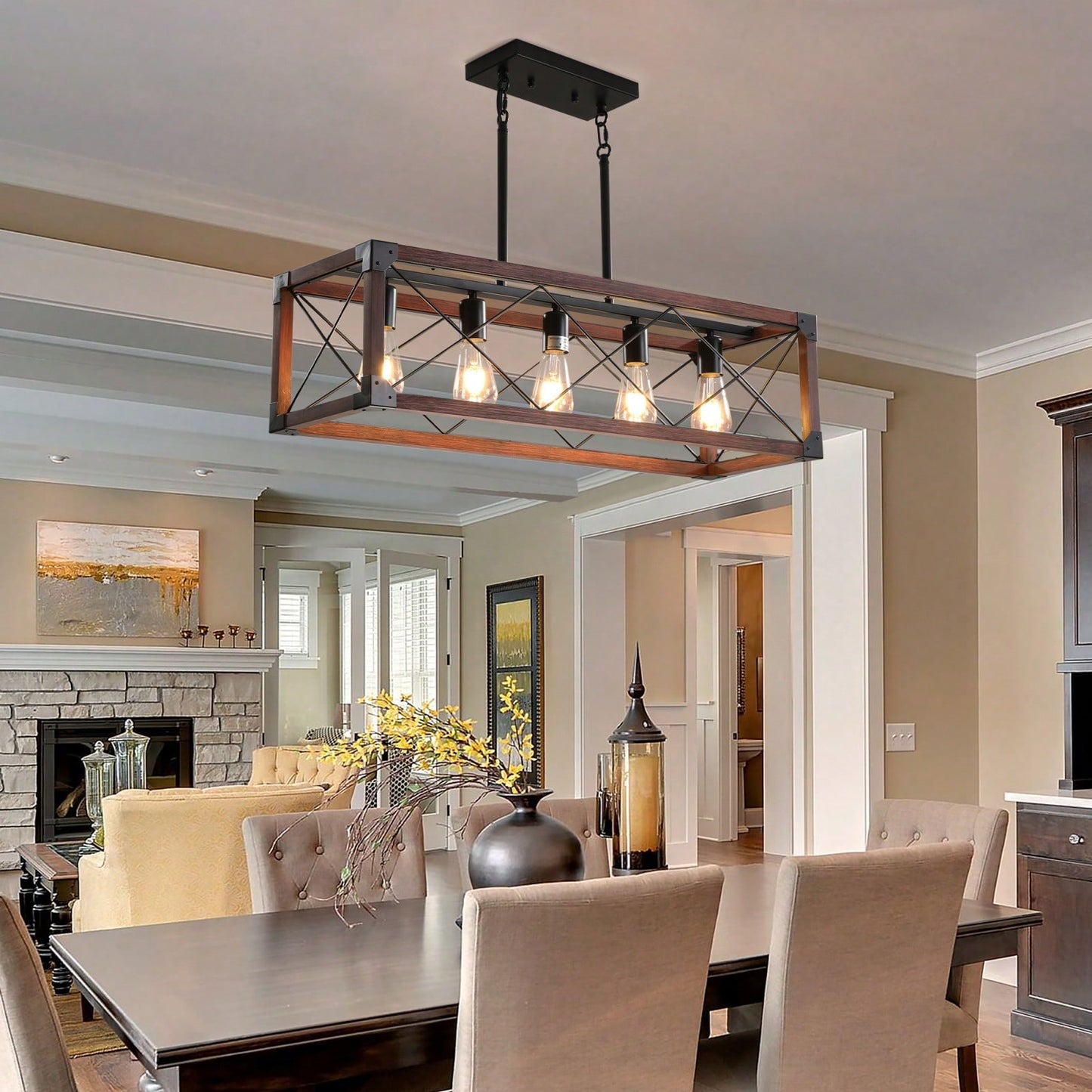 5-Light Industrial Farmhouse Chandelier Adjustable Pendant Light Fixture for Kitchen Dining Room Wood Frame Design Bulbs Not Included