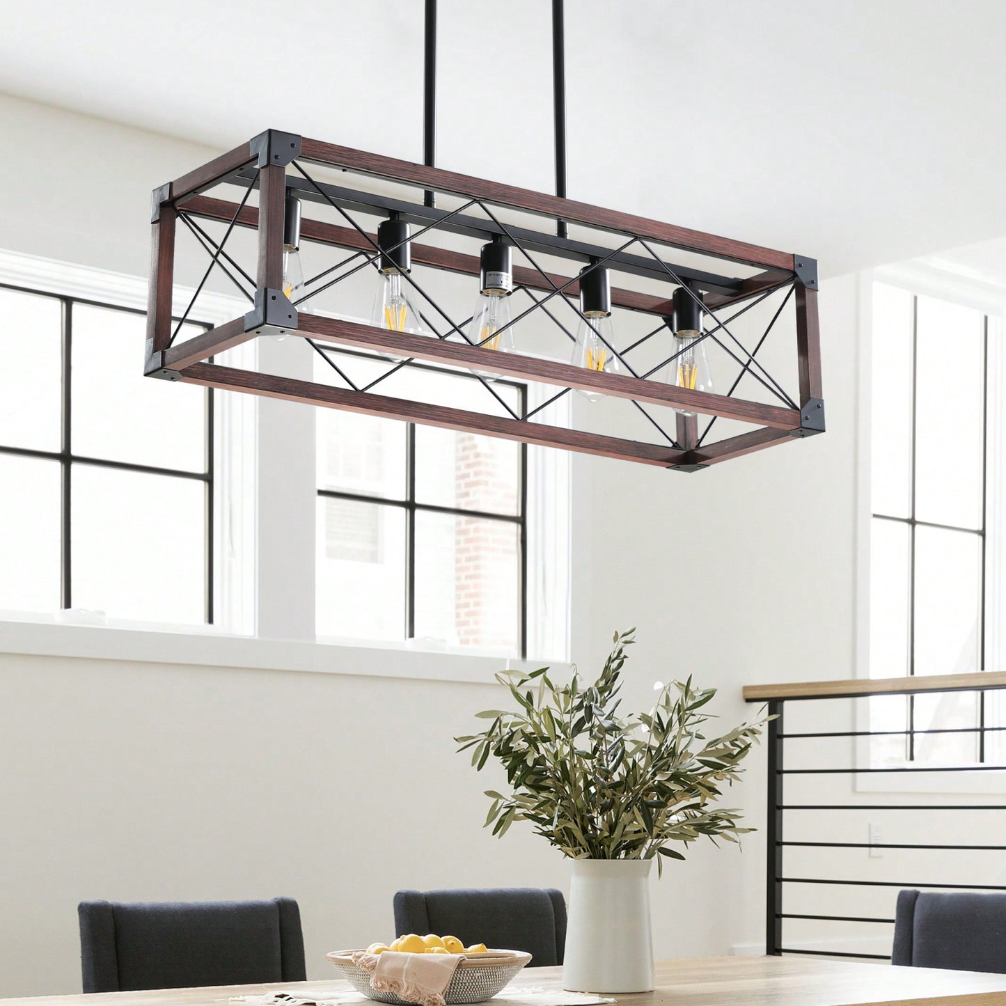 5-Light Industrial Farmhouse Chandelier Adjustable Pendant Light Fixture for Kitchen Dining Room Wood Frame Design Bulbs Not Included