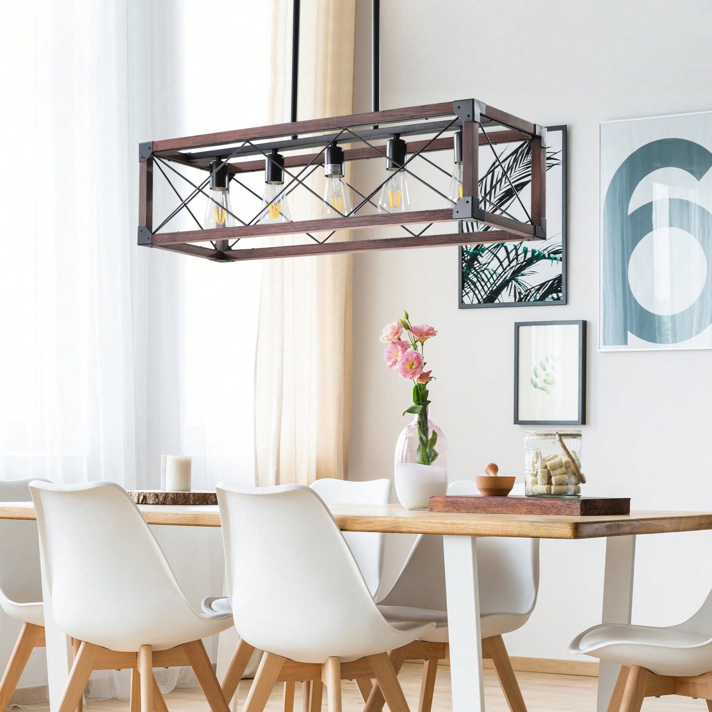 5-Light Industrial Farmhouse Chandelier Adjustable Pendant Light Fixture for Kitchen Dining Room Wood Frame Design Bulbs Not Included