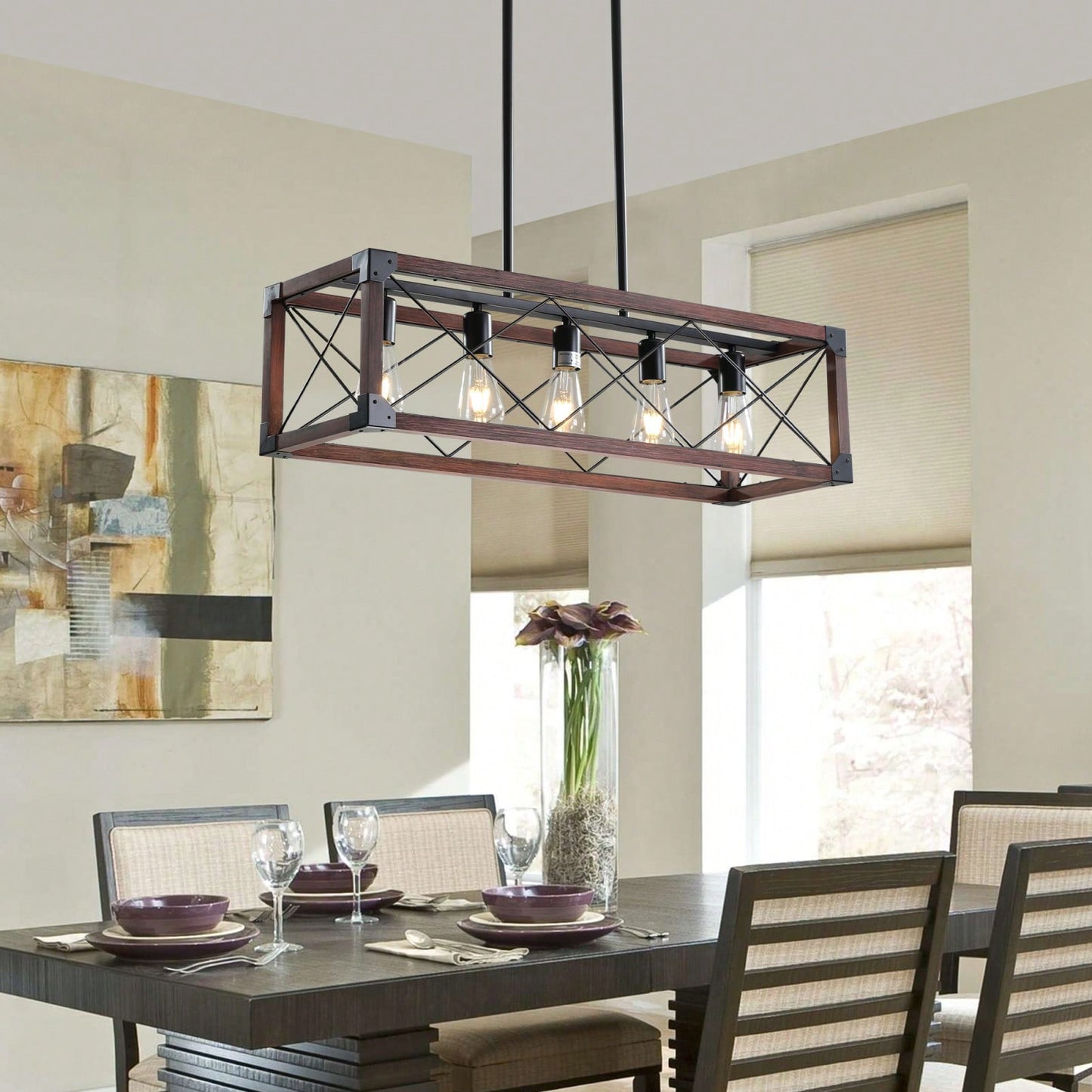 5-Light Industrial Farmhouse Chandelier Adjustable Pendant Light Fixture for Kitchen Dining Room Wood Frame Design Bulbs Not Included