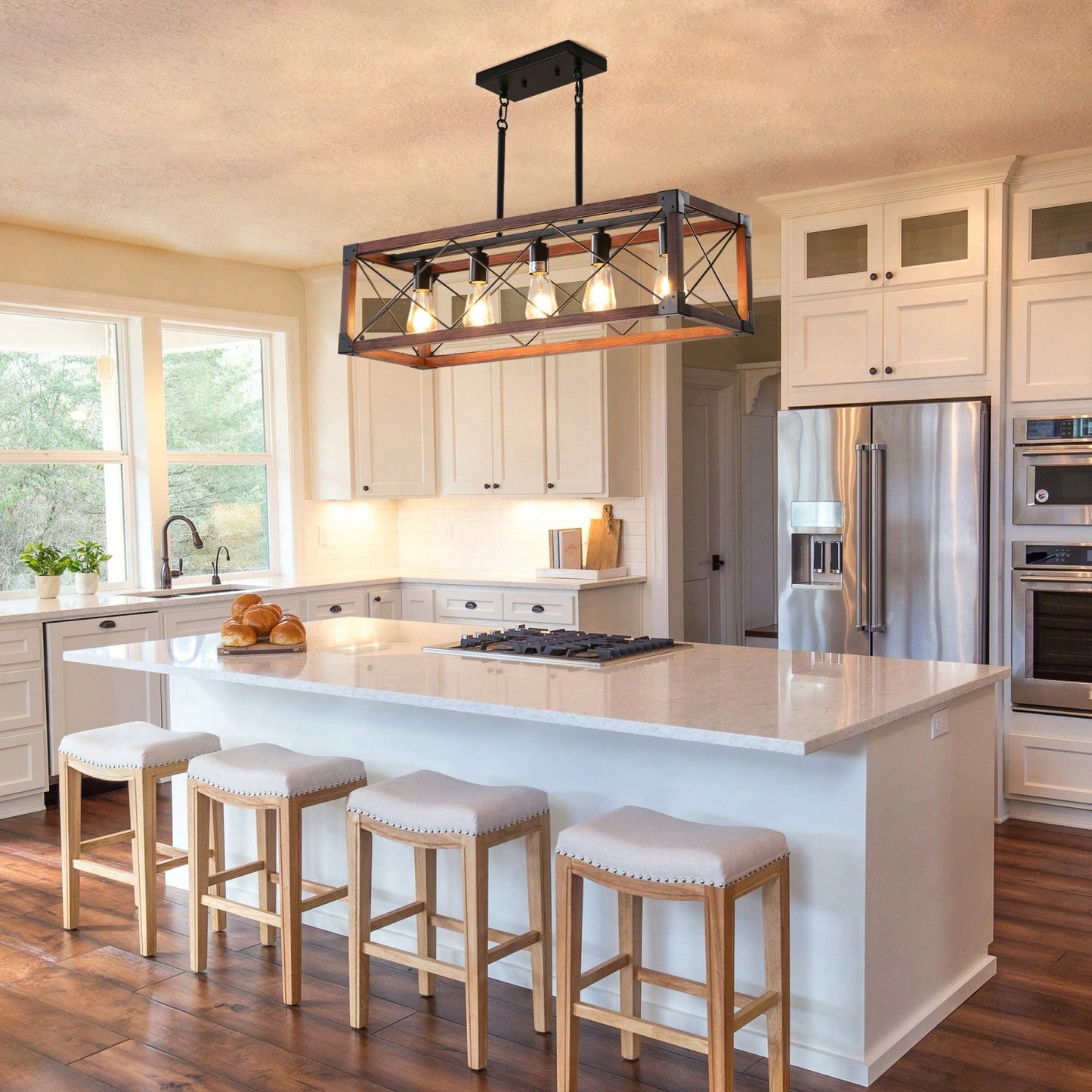 5-Light Industrial Farmhouse Chandelier Adjustable Pendant Light Fixture for Kitchen Dining Room Wood Frame Design Bulbs Not Included