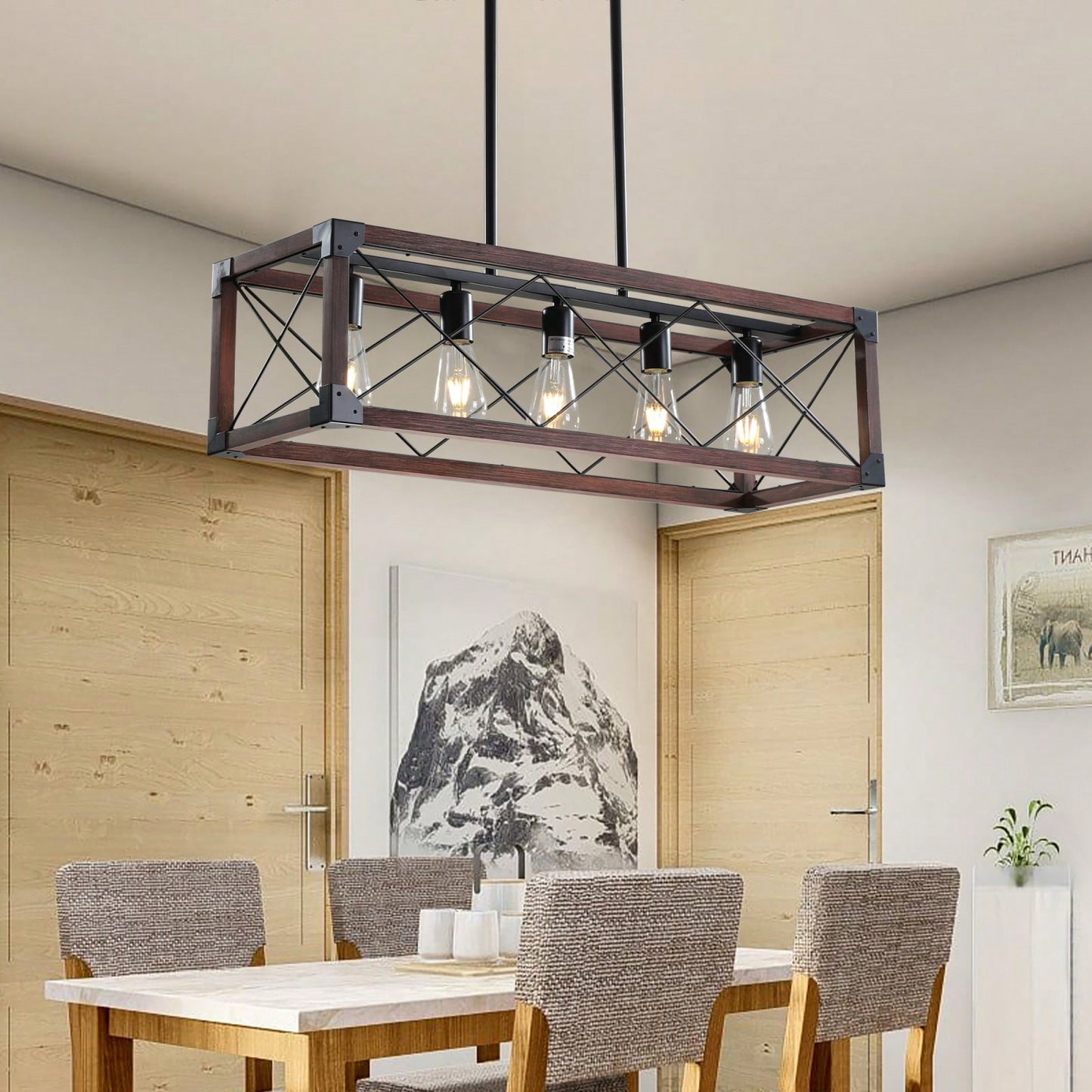 5-Light Industrial Farmhouse Chandelier Adjustable Pendant Light Fixture for Kitchen Dining Room Wood Frame Design Bulbs Not Included