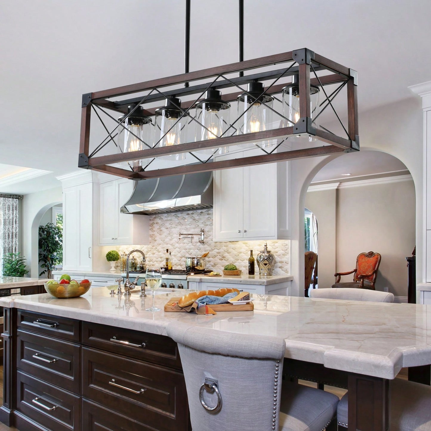5-Light Industrial Farmhouse Chandelier Adjustable Pendant Light Fixture for Kitchen Dining Room Wood Frame Design Bulbs Not Included