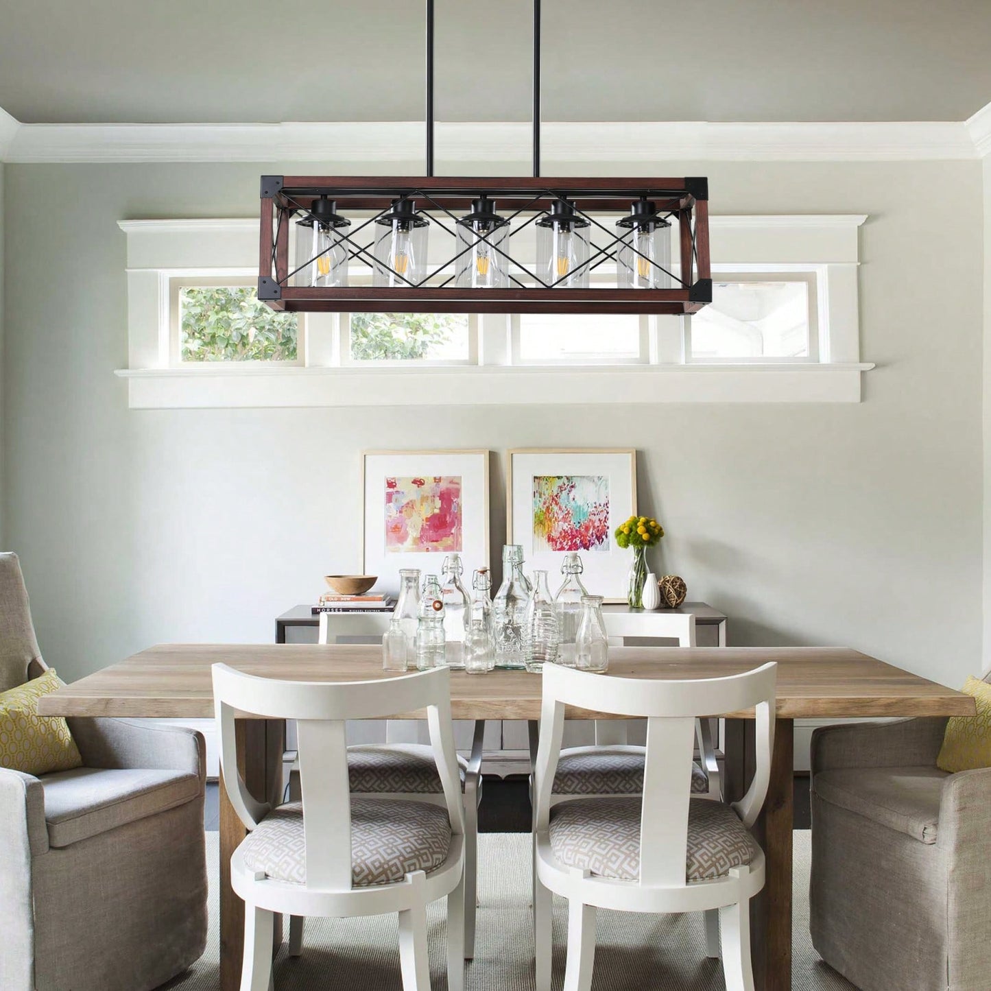 5-Light Industrial Farmhouse Chandelier Adjustable Pendant Light Fixture for Kitchen Dining Room Wood Frame Design Bulbs Not Included