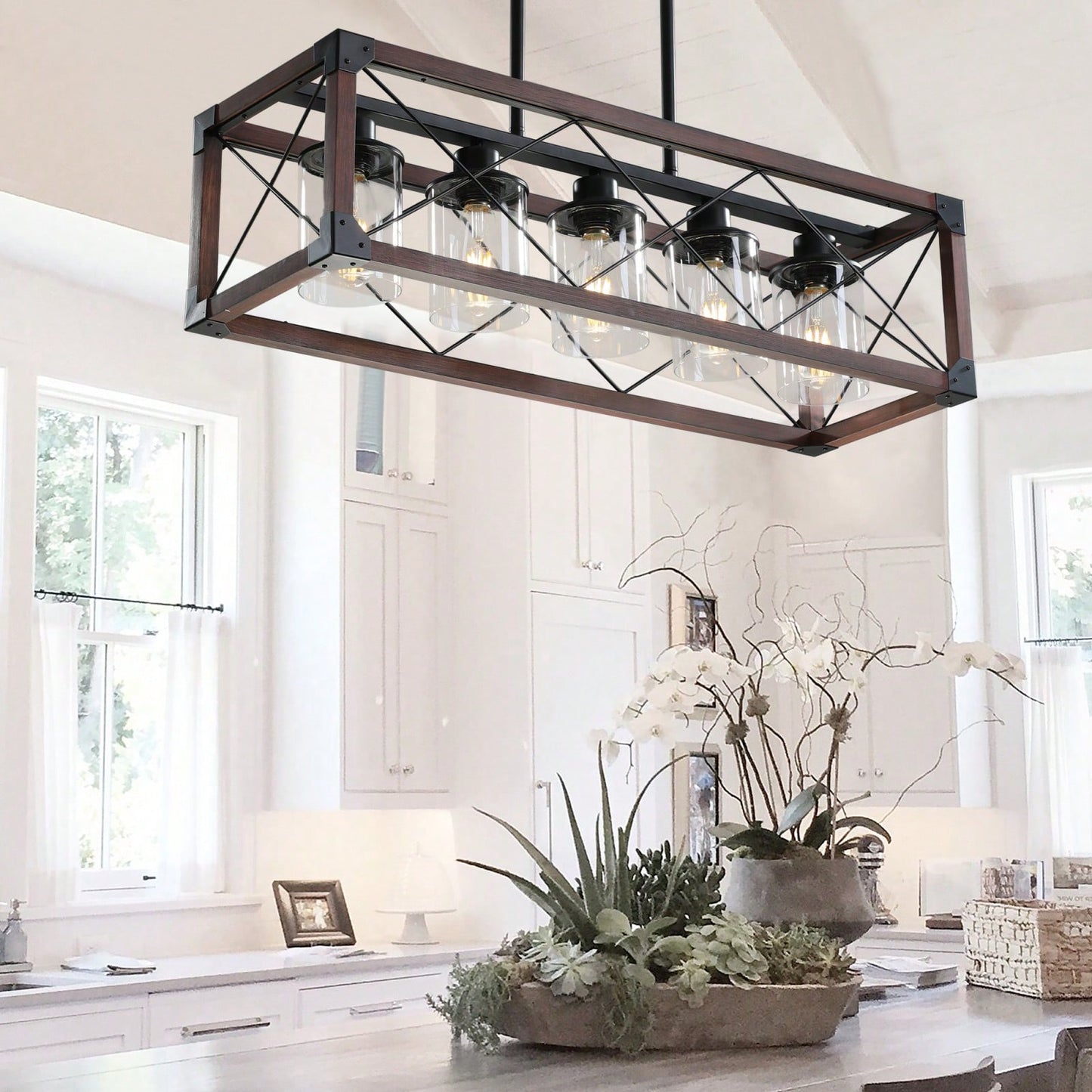 5-Light Industrial Farmhouse Chandelier Adjustable Pendant Light Fixture for Kitchen Dining Room Wood Frame Design Bulbs Not Included