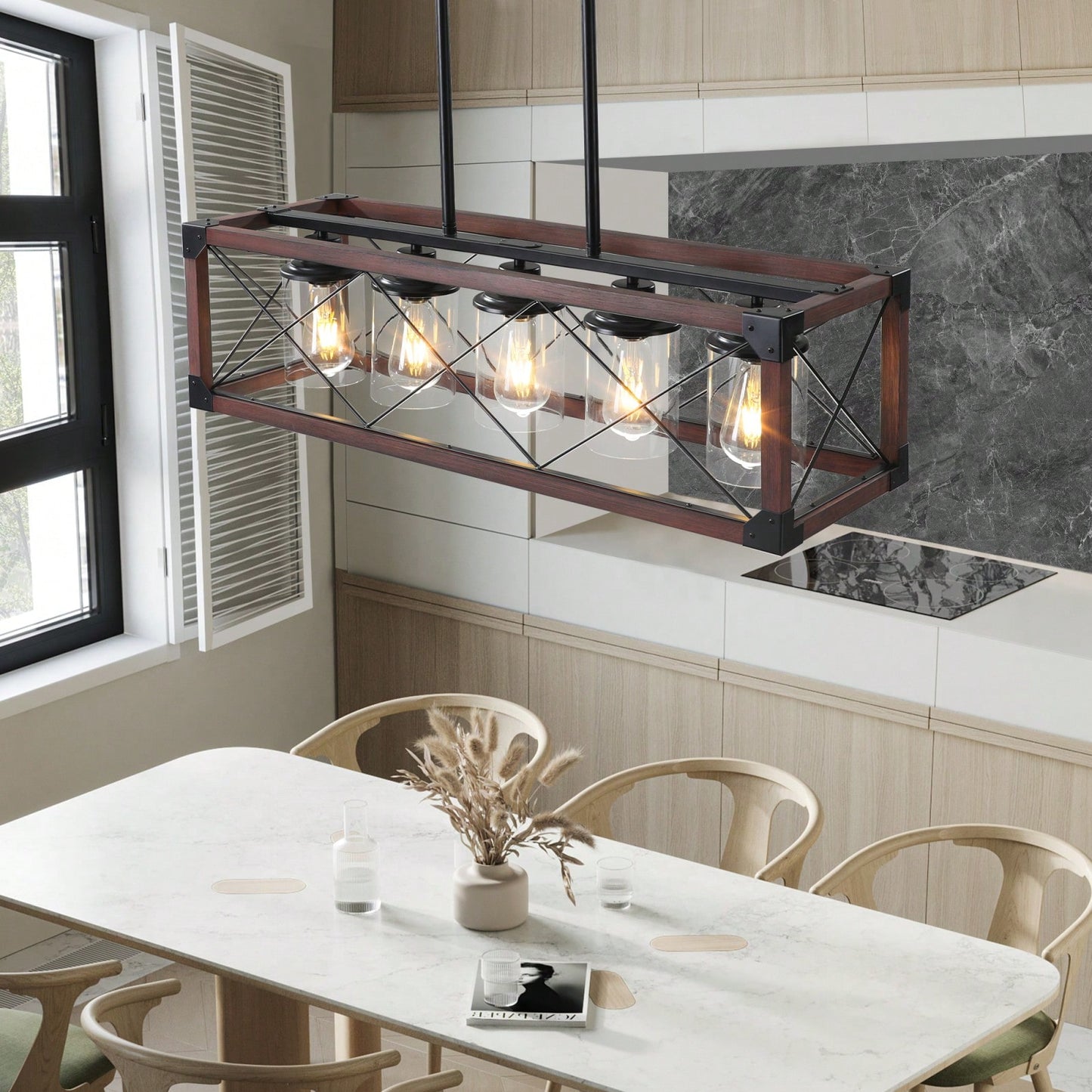 5-Light Industrial Farmhouse Chandelier Adjustable Pendant Light Fixture for Kitchen Dining Room Wood Frame Design Bulbs Not Included