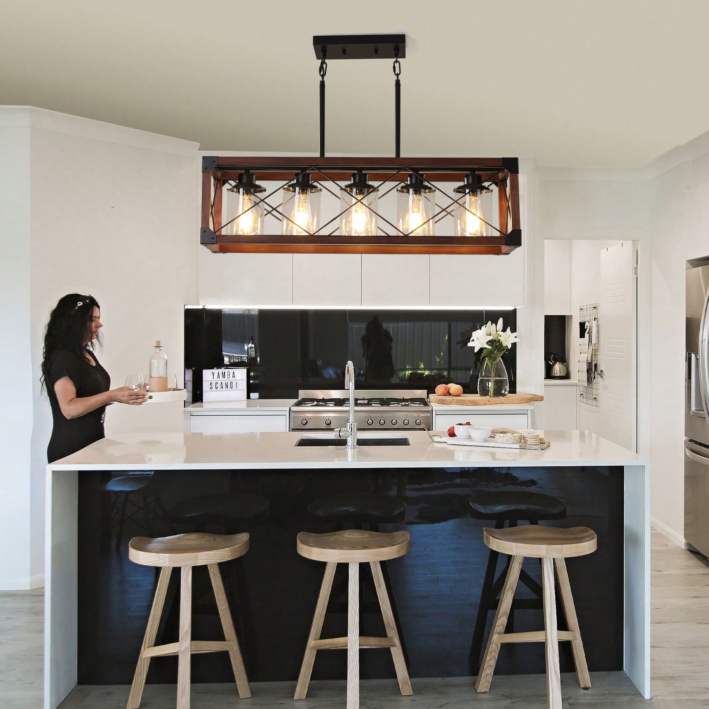 5-Light Industrial Farmhouse Chandelier Adjustable Pendant Light Fixture for Kitchen Dining Room Wood Frame Design Bulbs Not Included