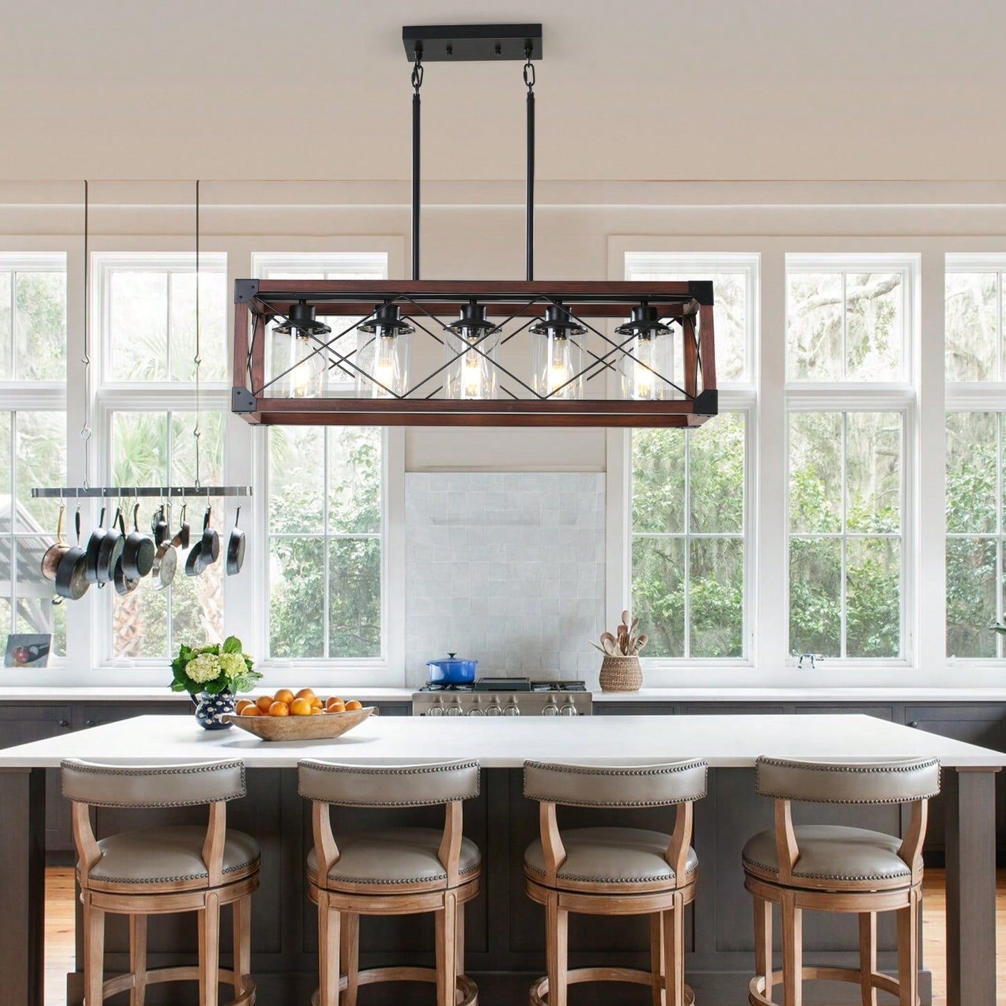 5-Light Industrial Farmhouse Chandelier Adjustable Pendant Light Fixture for Kitchen Dining Room Wood Frame Design Bulbs Not Included