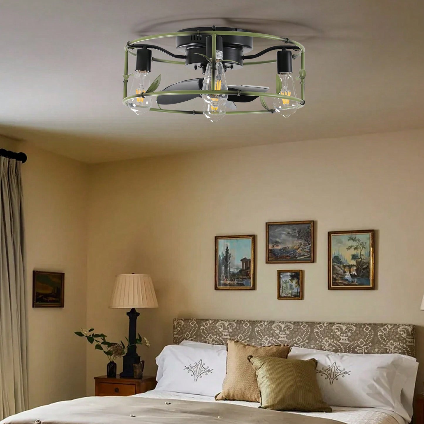 Green Caged Flush Mount Ceiling Fan with Lights and Remote for Modern Farmhouse Living Room Bedroom Kitchen