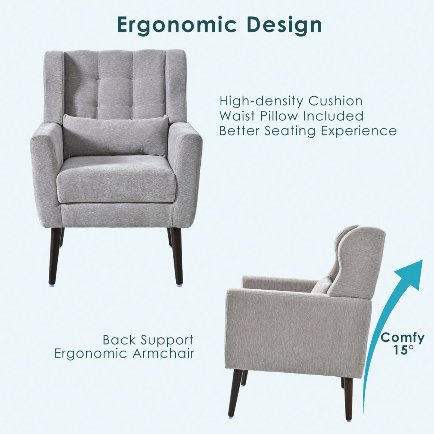 Ergonomic Modern Chenille Accent Chair with Padded Seat and Sturdy Wood Legs for Living Room and Bedroom