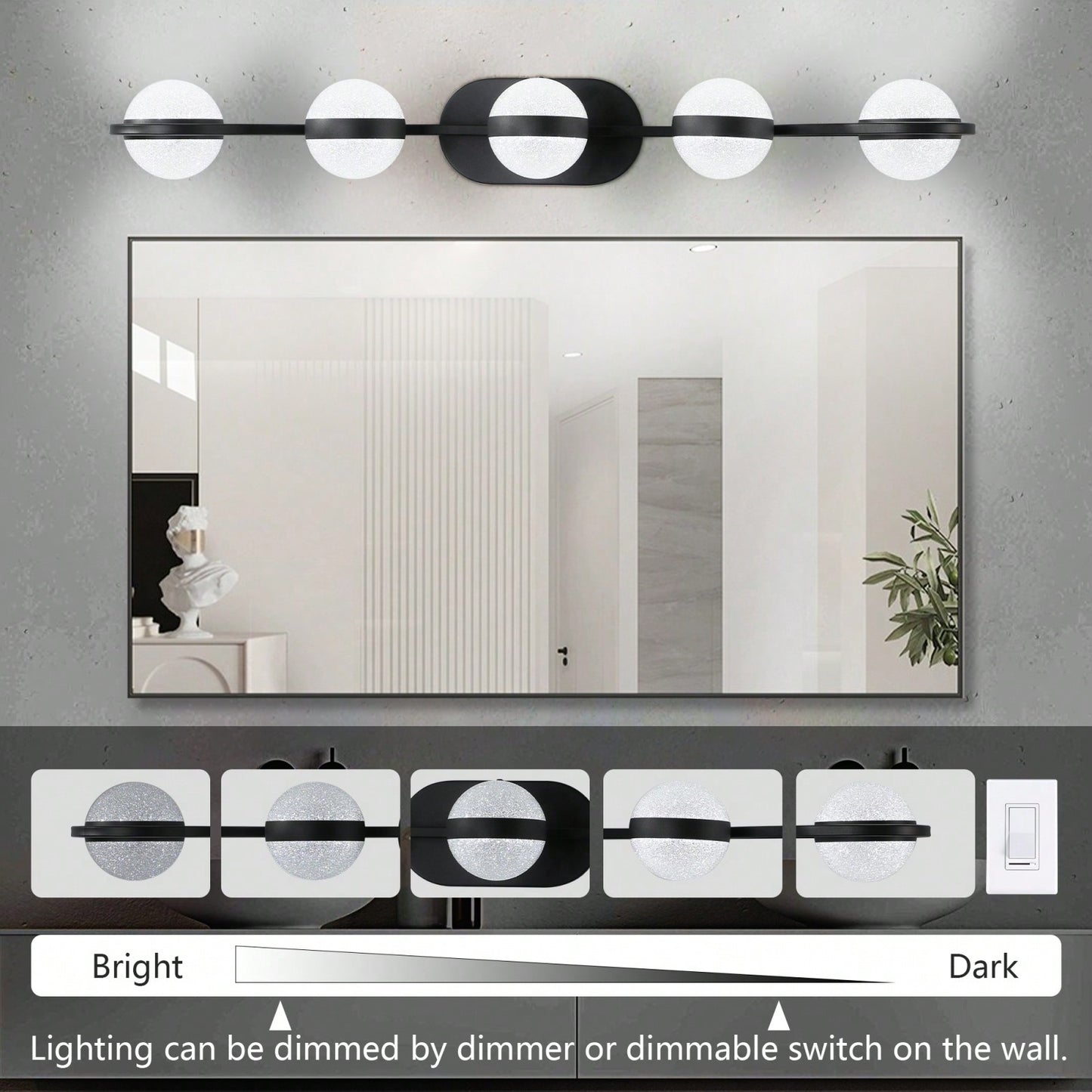 Modern Minimalist LED Bathroom Vanity Light Fixture with 5 Frosted Glass Shades Energy Efficient Design Easy to Install