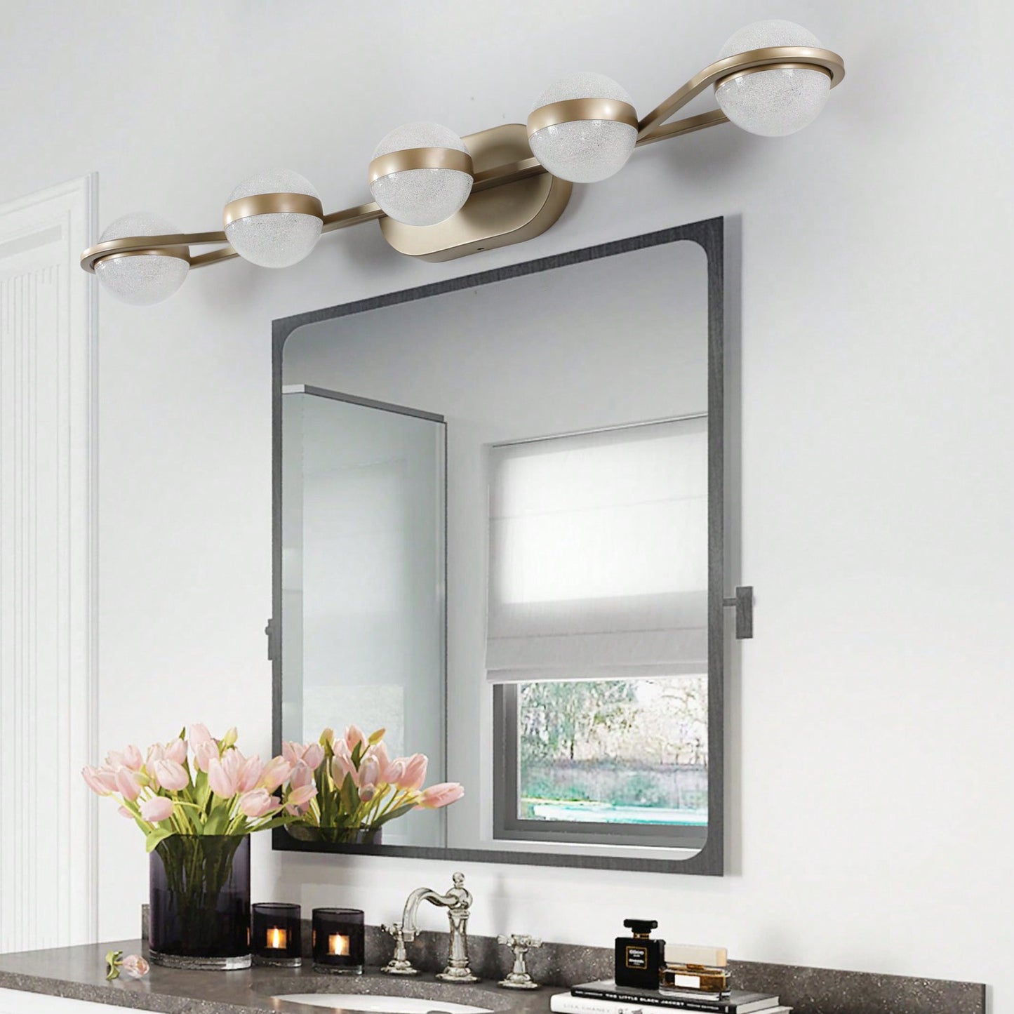 Modern Minimalist LED Bathroom Vanity Light Fixture with 5 Frosted Glass Shades Energy Efficient Design Easy to Install