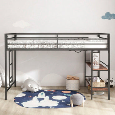 Cinnamon Wood Shelf Metal Junior Twin Loft Bunk Bed with Guard Rails Easy Assembly Sturdy Frame