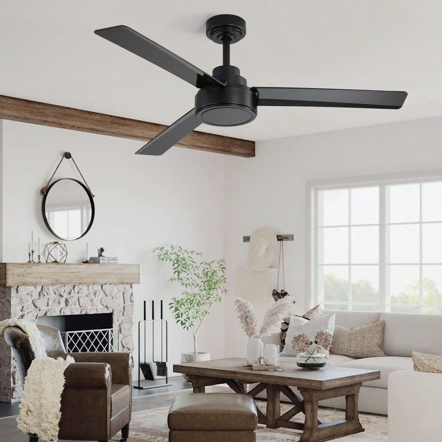 52 Inch Outdoor Ceiling Fan with Remote Reversible DC Motor 3 ABS Blades Energy Efficient Farmhouse Design for Living Room Bedroom Kitchen