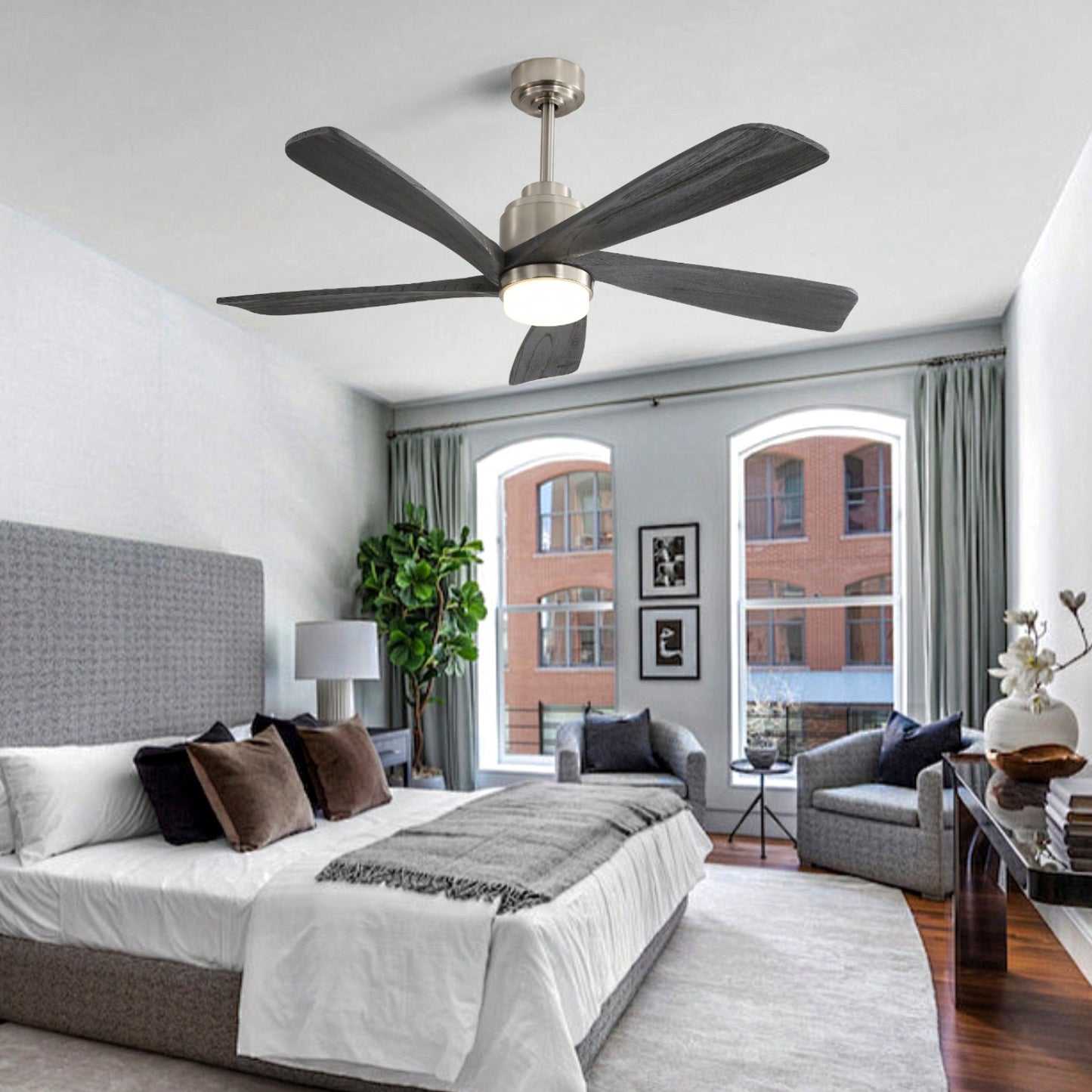 52 Inch Gray Wood Ceiling Fan with Dimmable LED Light Remote Control Reversible DC Motor Smart App Control Energy Efficient