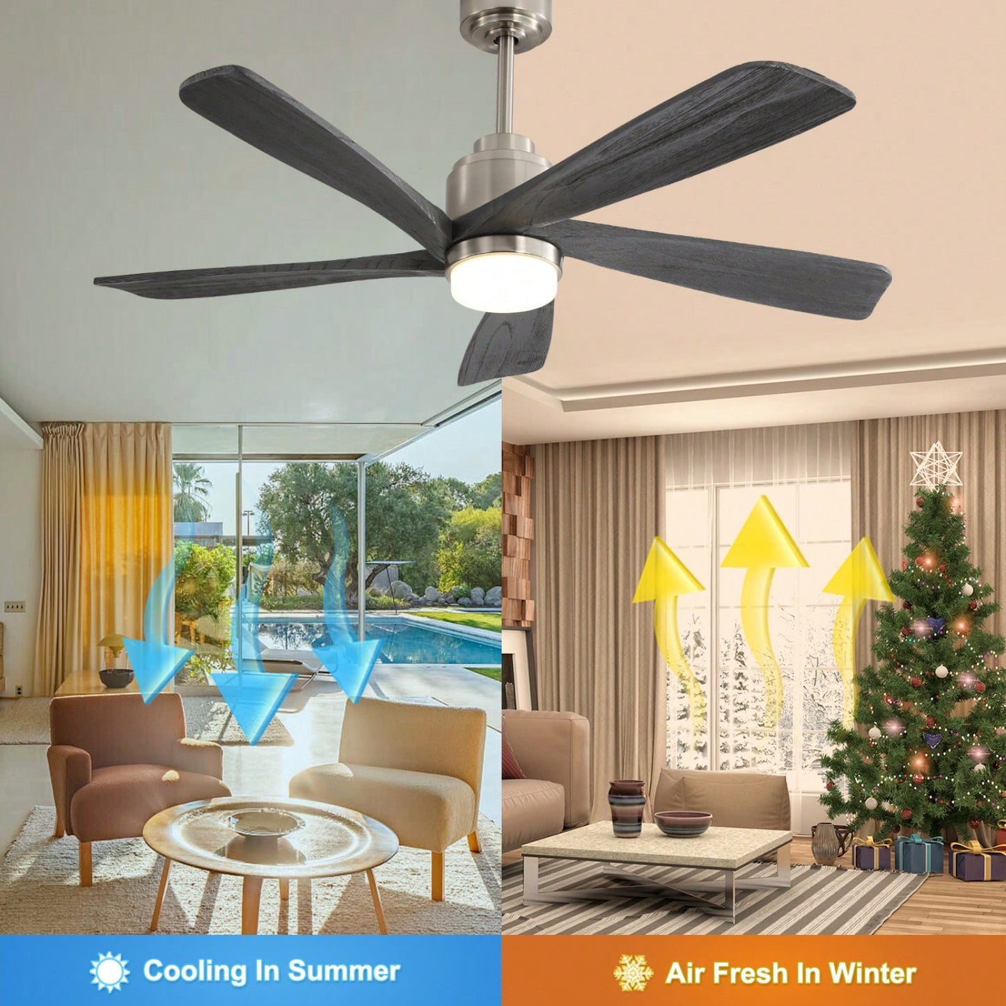 52 Inch Gray Wood Ceiling Fan with Dimmable LED Light Remote Control Reversible DC Motor Smart App Control Energy Efficient