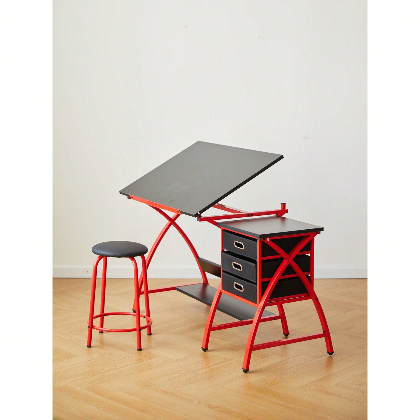 Adjustable Drafting Table with Stool and Crossed Legs - 3 Drawers and 0-75 Degree Tilt for Artists and Designers