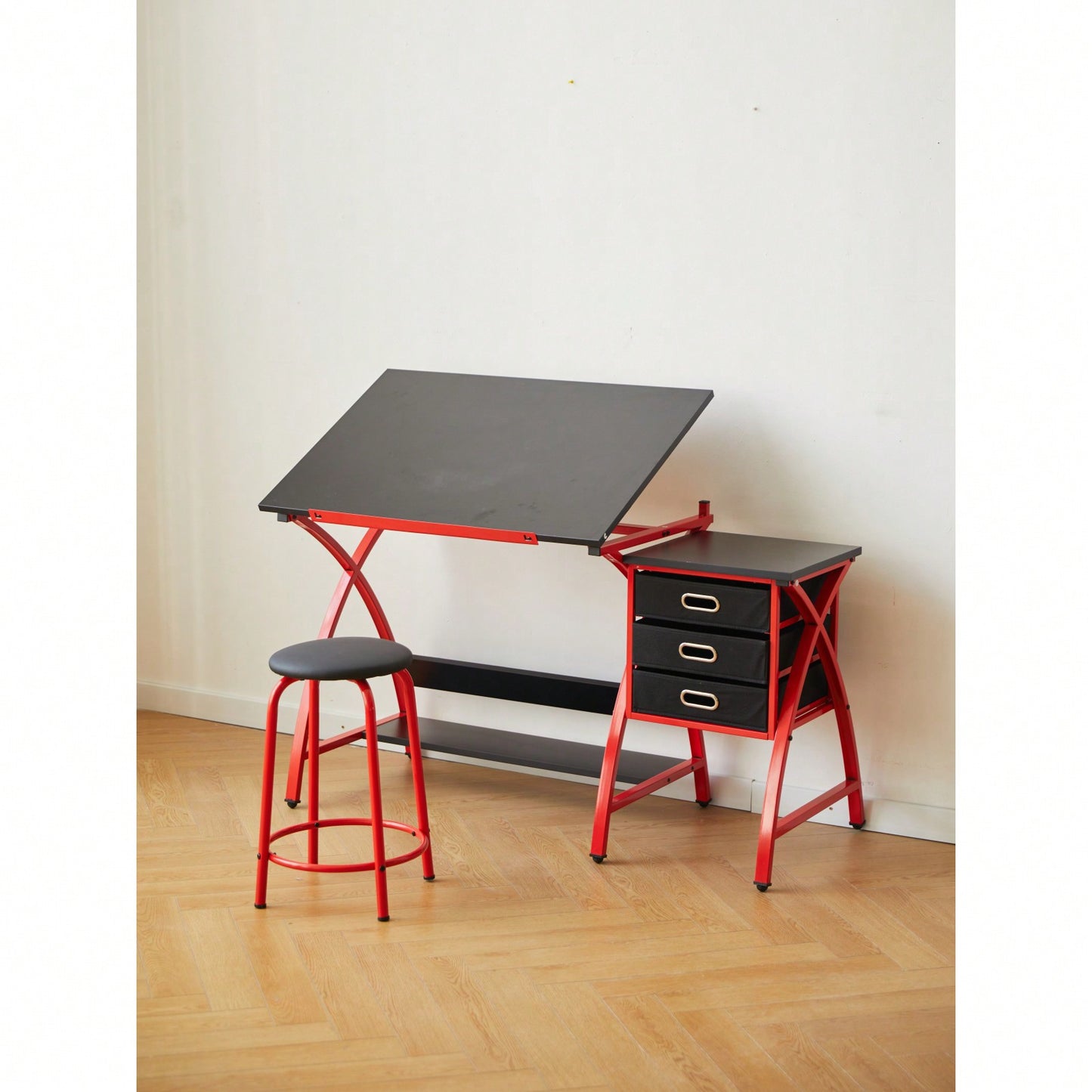 Adjustable Drafting Table with Stool and Crossed Legs - 3 Drawers and 0-75 Degree Tilt for Artists and Designers
