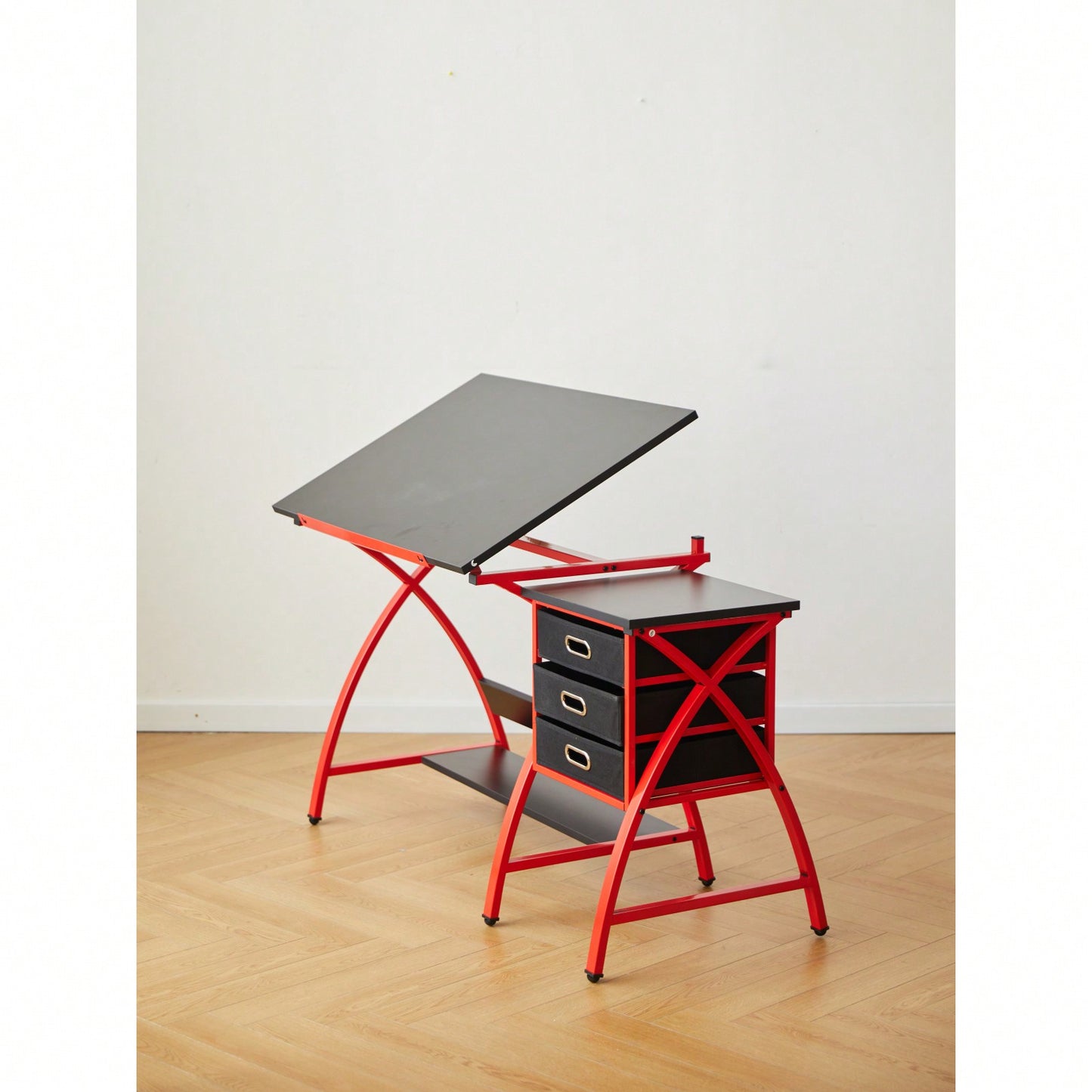 Adjustable Drafting Table with Stool and Crossed Legs - 3 Drawers and 0-75 Degree Tilt for Artists and Designers