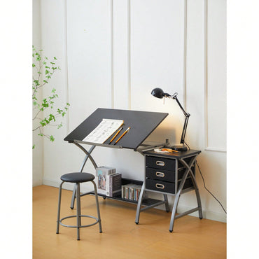 Adjustable Drafting Table with Stool and Crossed Legs - 3 Drawers and 0-75 Degree Tilt for Artists and Designers