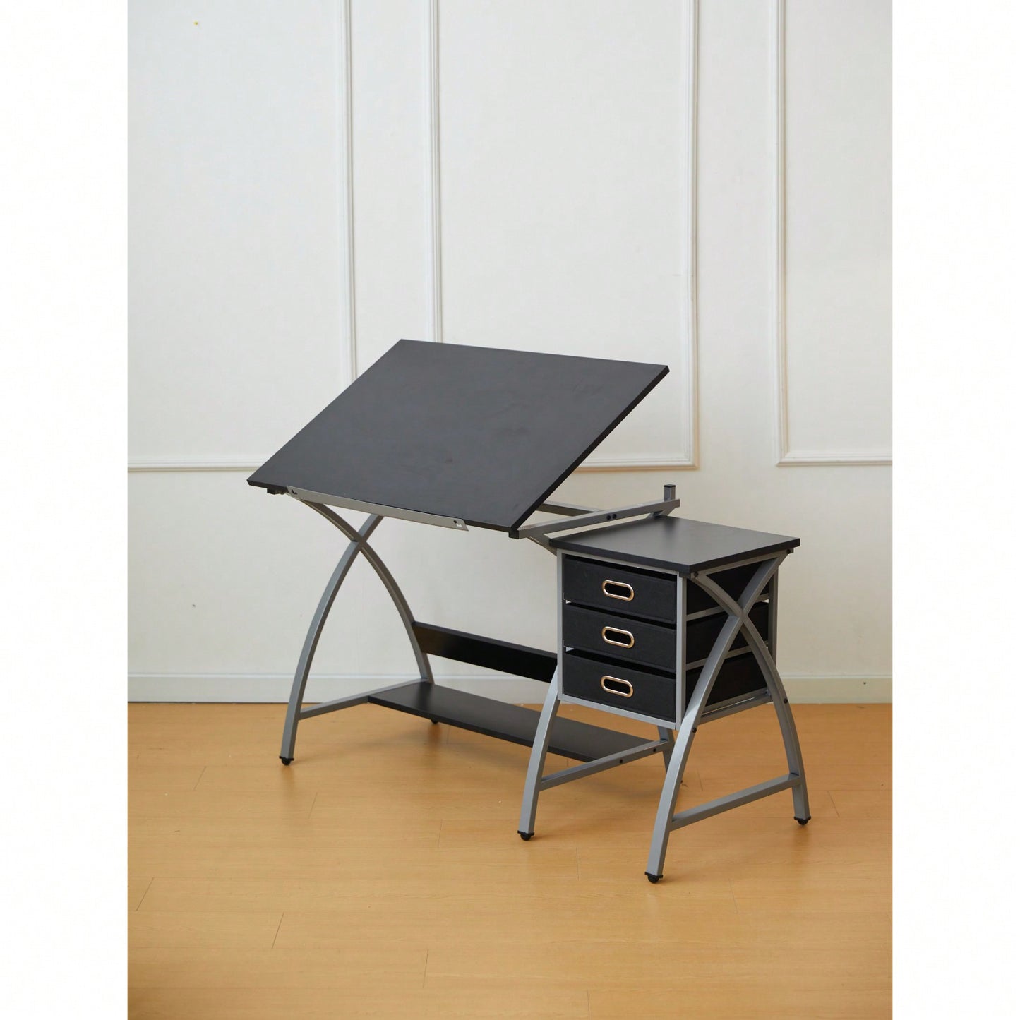 Adjustable Drafting Table with Stool and Crossed Legs - 3 Drawers and 0-75 Degree Tilt for Artists and Designers