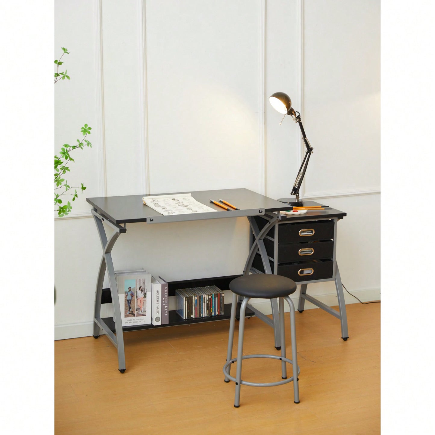 Adjustable Drafting Table with Stool and Crossed Legs - 3 Drawers and 0-75 Degree Tilt for Artists and Designers