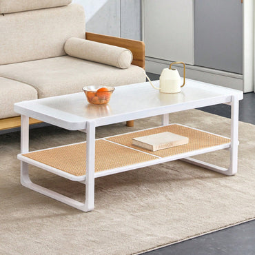 Modern Minimalist Double Layer Solid Wood Coffee Table with Glass Top and Rattan Edge - Farmhouse Style with Storage for Living Room