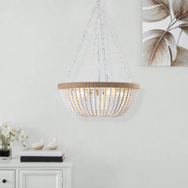 Bohemian Wood Beaded Chandelier in Oak White - Elegant Soft Lighting for Luxury Home or Office Decor